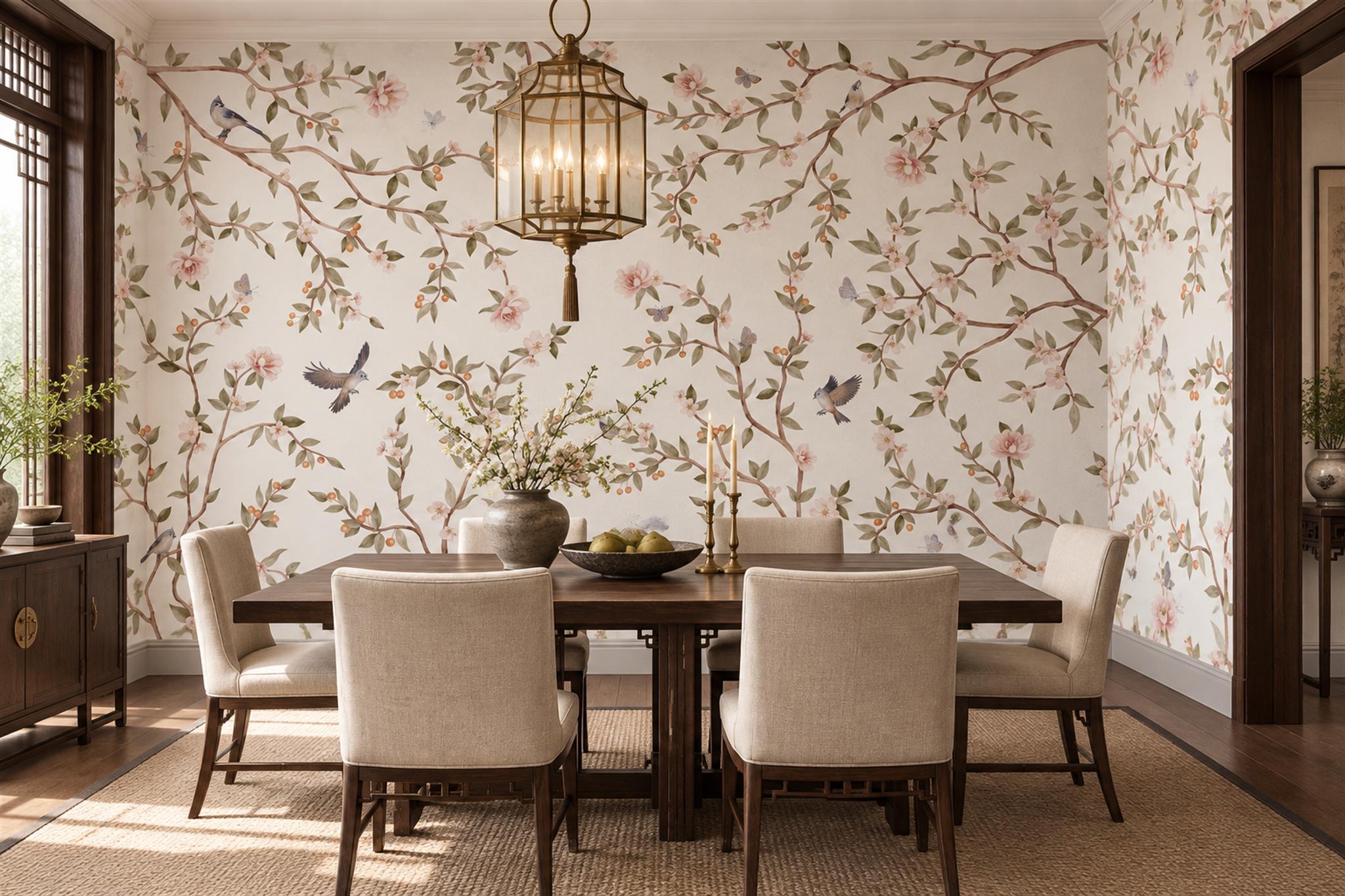 Pink Botanical Botanical Textured Wallpaper Mural Dining-room-wallpaper-murals, Shown In A Dining Room, Peel-and-stick Finish