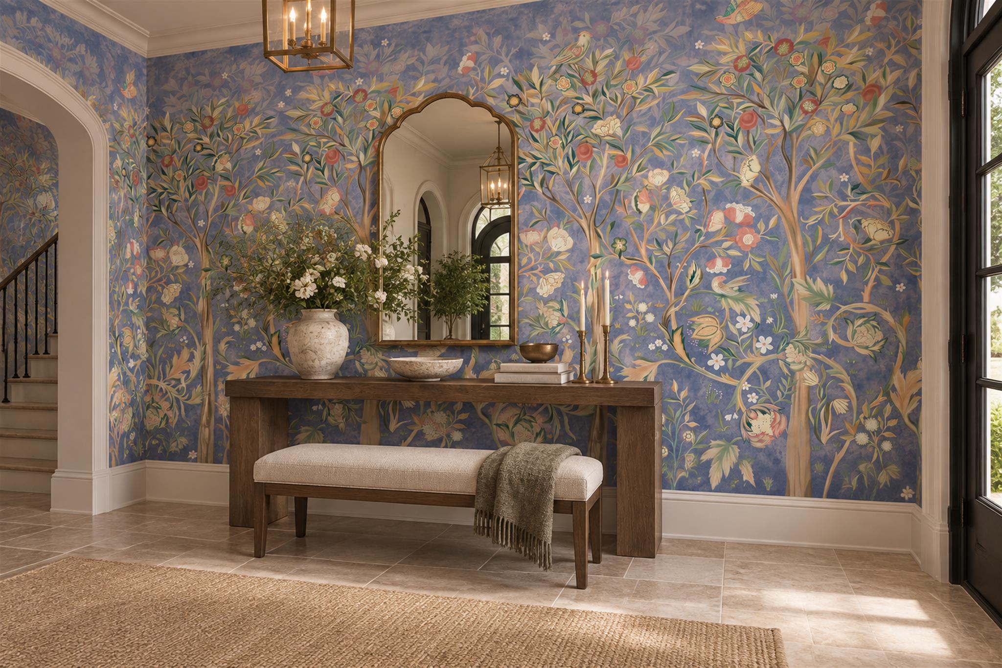 Blue Floral Botanical Painterly Wallpaper Mural Entryway-wallpaper-murals, Peel-and-stick Finish