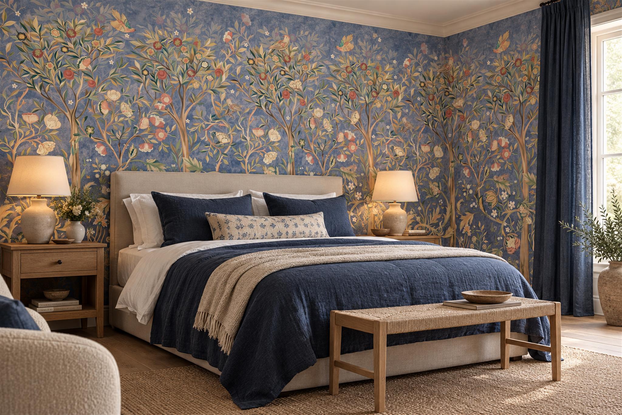 Blue Floral Botanical Painterly Wallpaper Mural Bedroom-wallpaper-murals, Peel-and-stick Finish