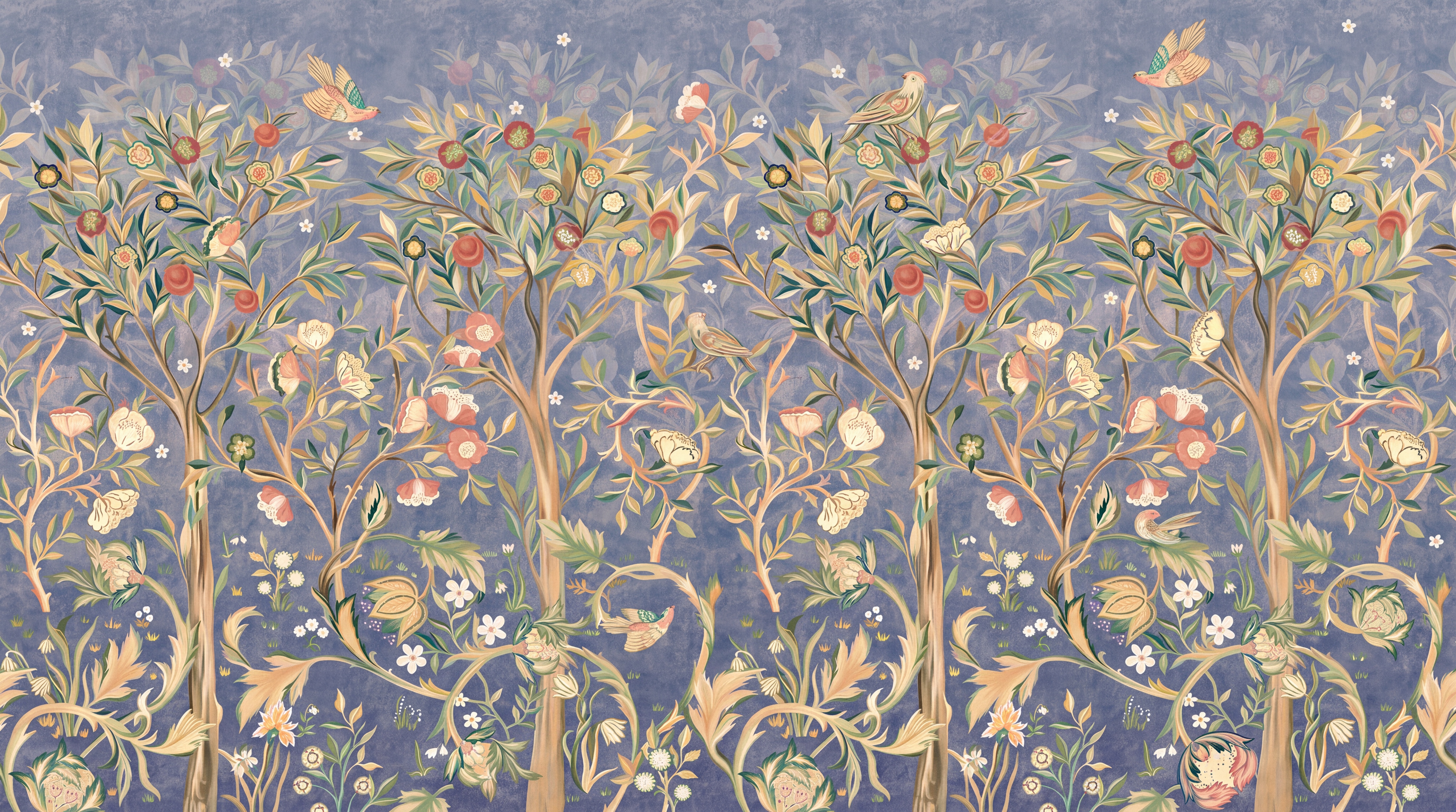 Blue Floral Botanical Painterly Wallpaper Mural, Peel-and-stick Finish