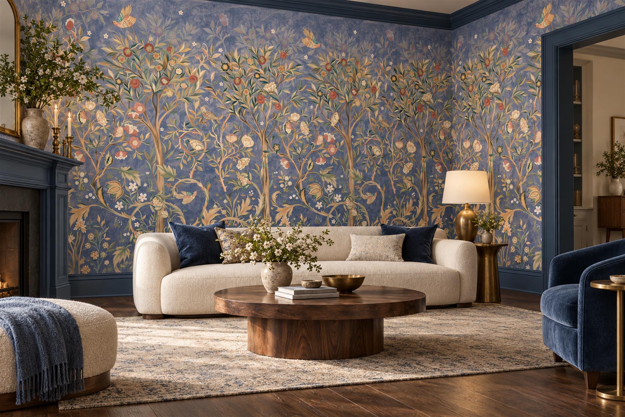 Blue Floral Botanical Painterly Wallpaper Mural Bedroom-wallpaper-murals, Peel-and-stick Finish