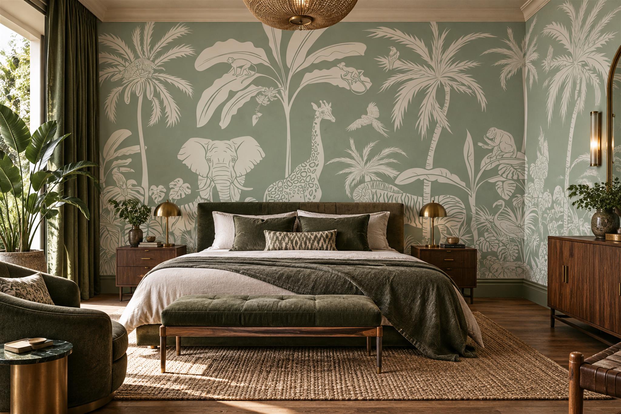 Sage Safari Scenic Decorative Wallpaper Mural Bedroom-wallpaper-murals, Peel-and-stick Finish