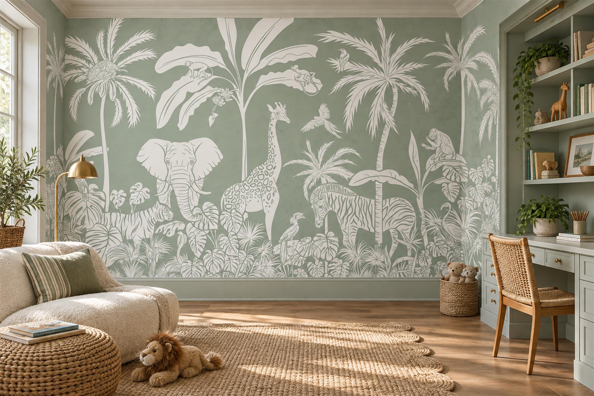 Sage Safari Scenic Decorative Wallpaper Mural Home-office-wallpaper-murals, Shown In A Home Office, Peel-and-stick Finish