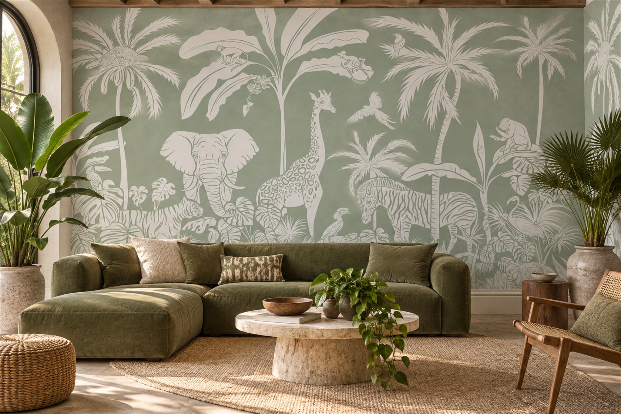 Sage Safari Animals And Palms Wallpaper Mural — Wallpaper Mural Design, Peel-and-stick Finish