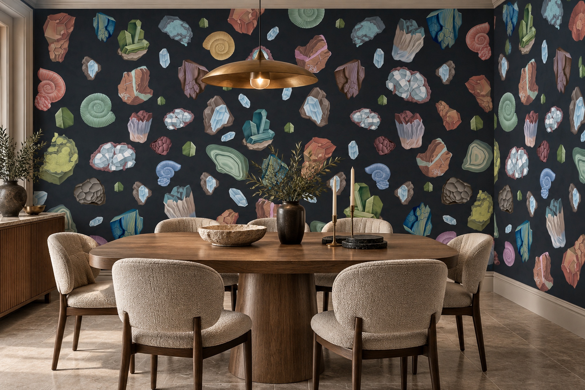 Navy Pattern Decorative Wallpaper Mural Layered Layered Wallpaper Mural Dining-room-wallpaper-murals, Shown In A Dining Room, Peel-and-stick Finish