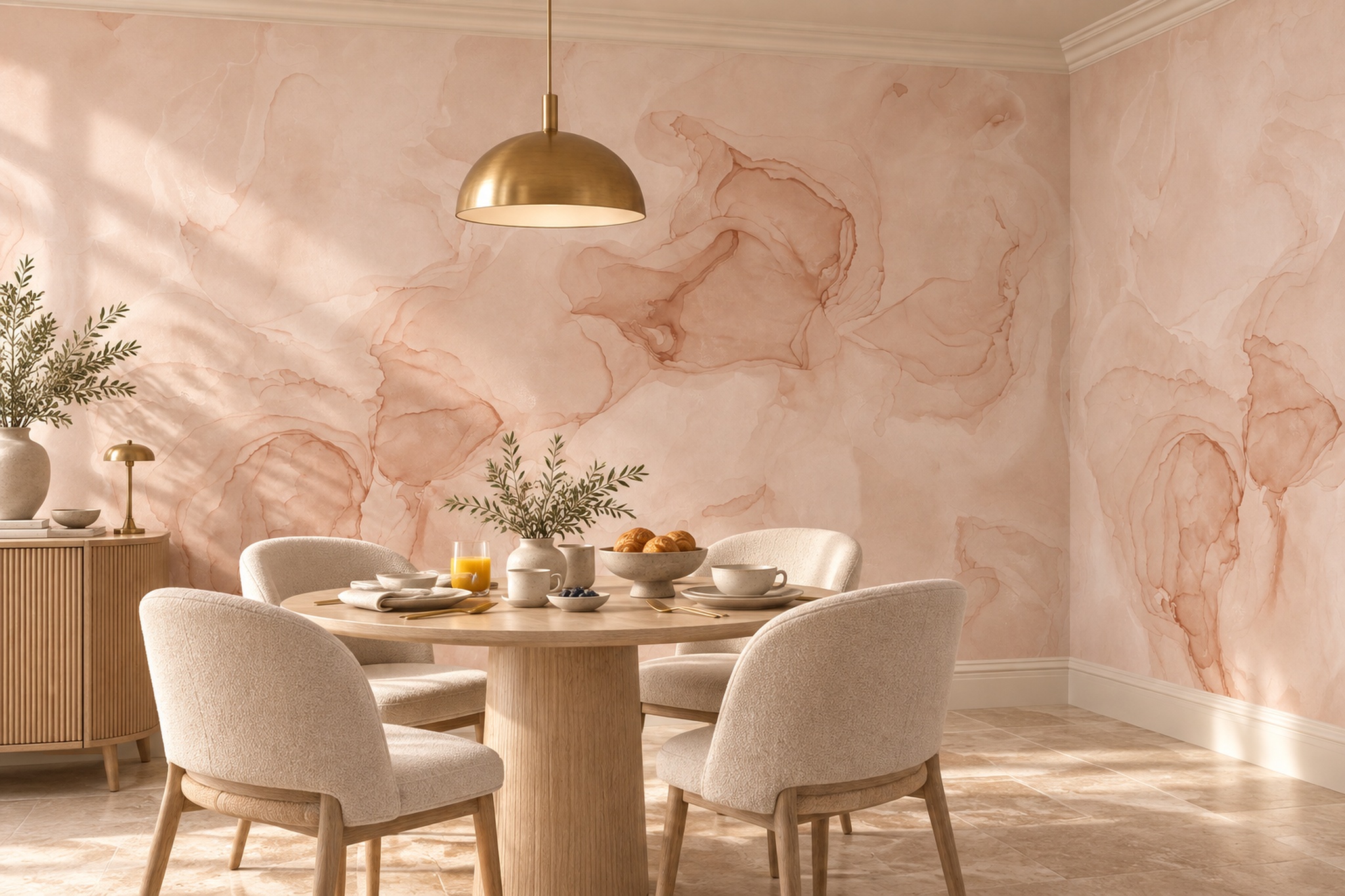 Peach Ink Artful Wallpaper Mural Dining-room-wallpaper-murals, Shown In A Dining Room, Peel-and-stick Finish