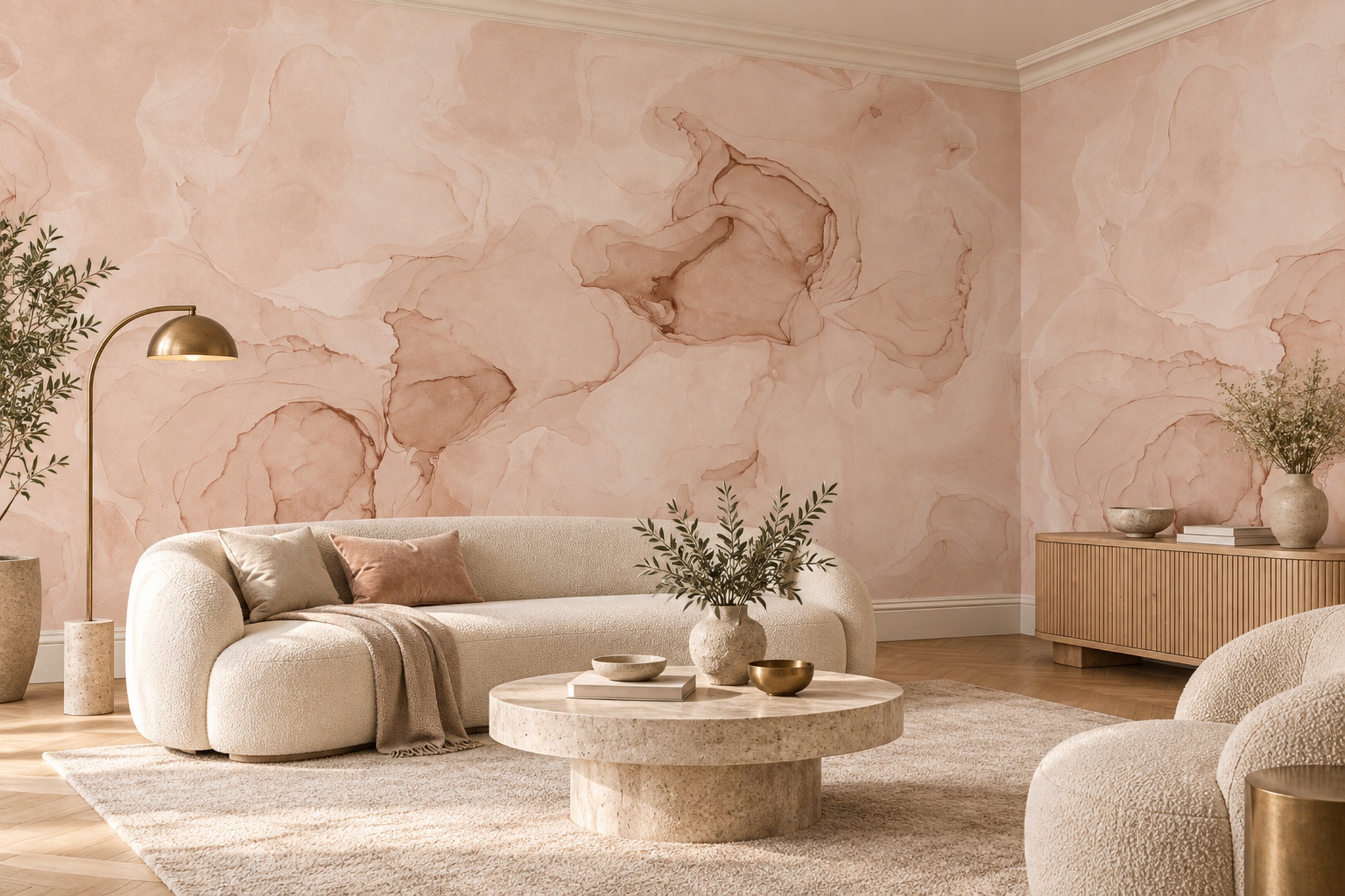 Peach Watercolour Ink Wash Wallpaper Mural — Wallpaper Mural Design, Peel-and-stick Finish