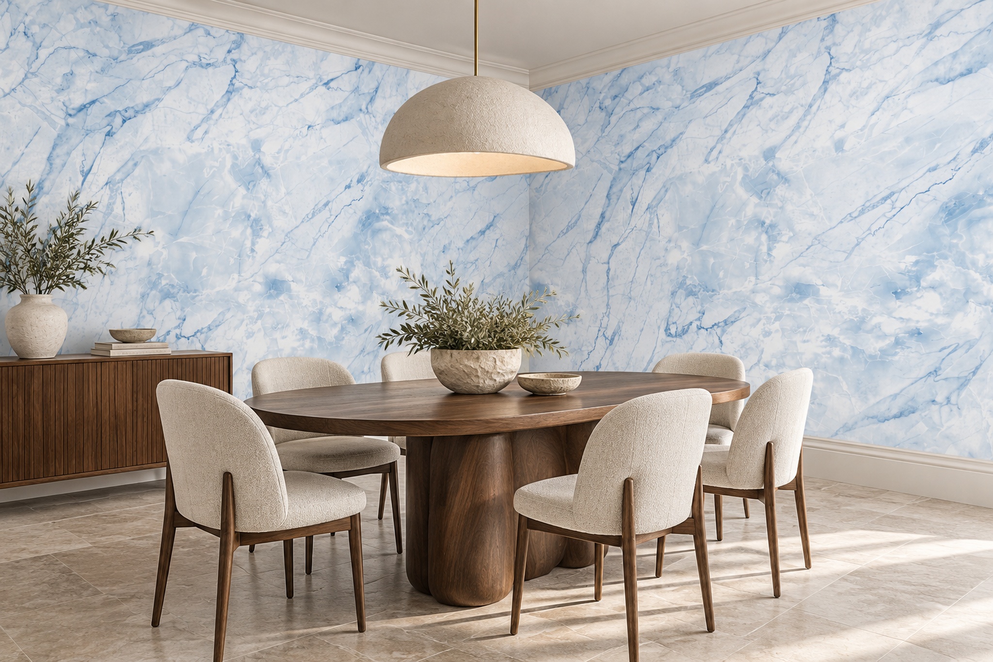 Blue Marble Decorative Layered Wallpaper Mural Dining-room-wallpaper-murals, Shown In A Dining Room, Peel-and-stick Finish