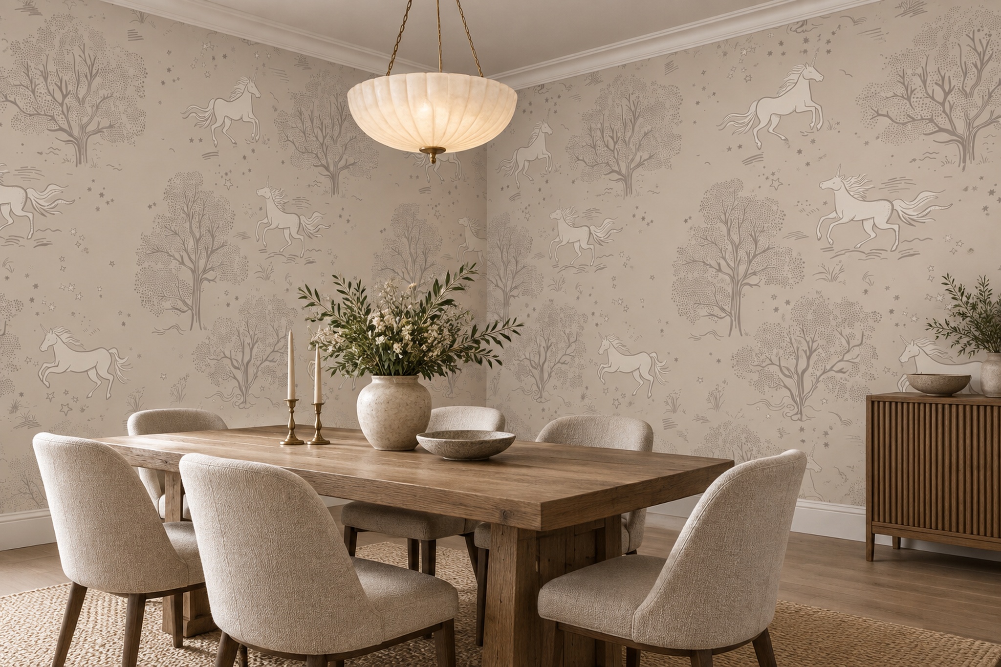 Beige Pattern Decorative Wallpaper Mural Layered Contour Wallpaper Mural Dining-room-wallpaper-murals, Shown In A Dining Room, Peel-and-stick Finish