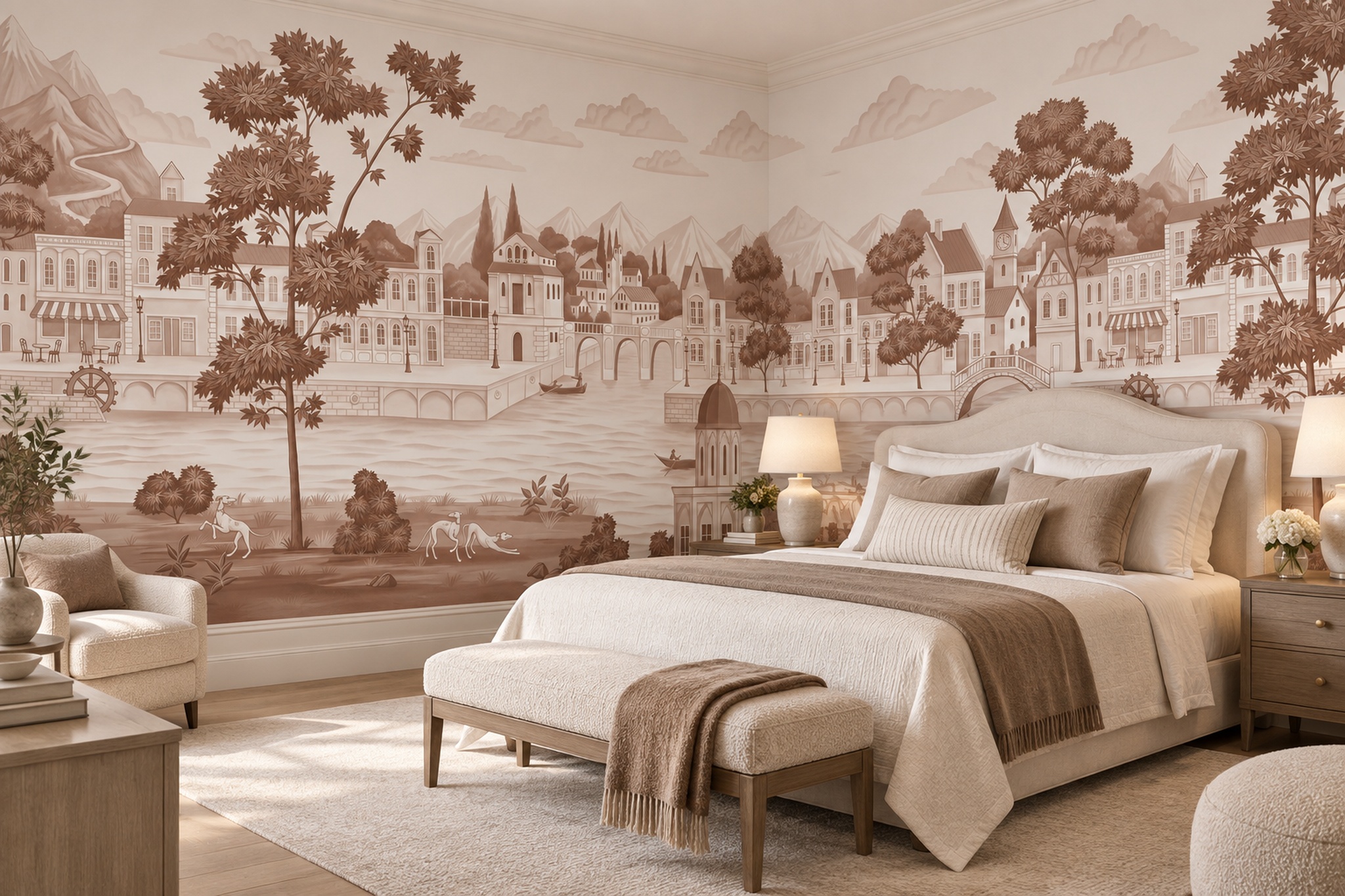 Brown Cityscape Wallpaper Mural, Shown In A Bedroom, Peel-and-stick Finish