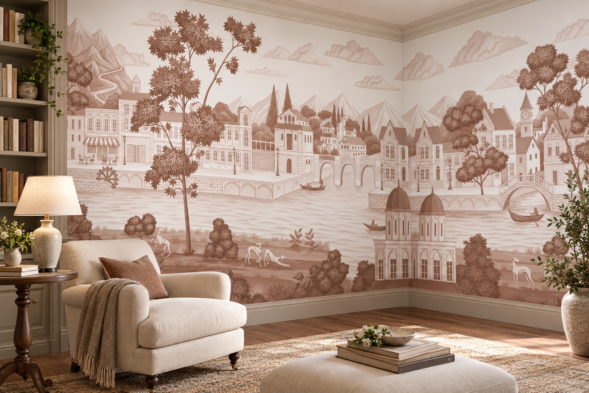 Brown Cityscape Wallpaper Mural, Shown In A Dining Room, Peel-and-stick Finish