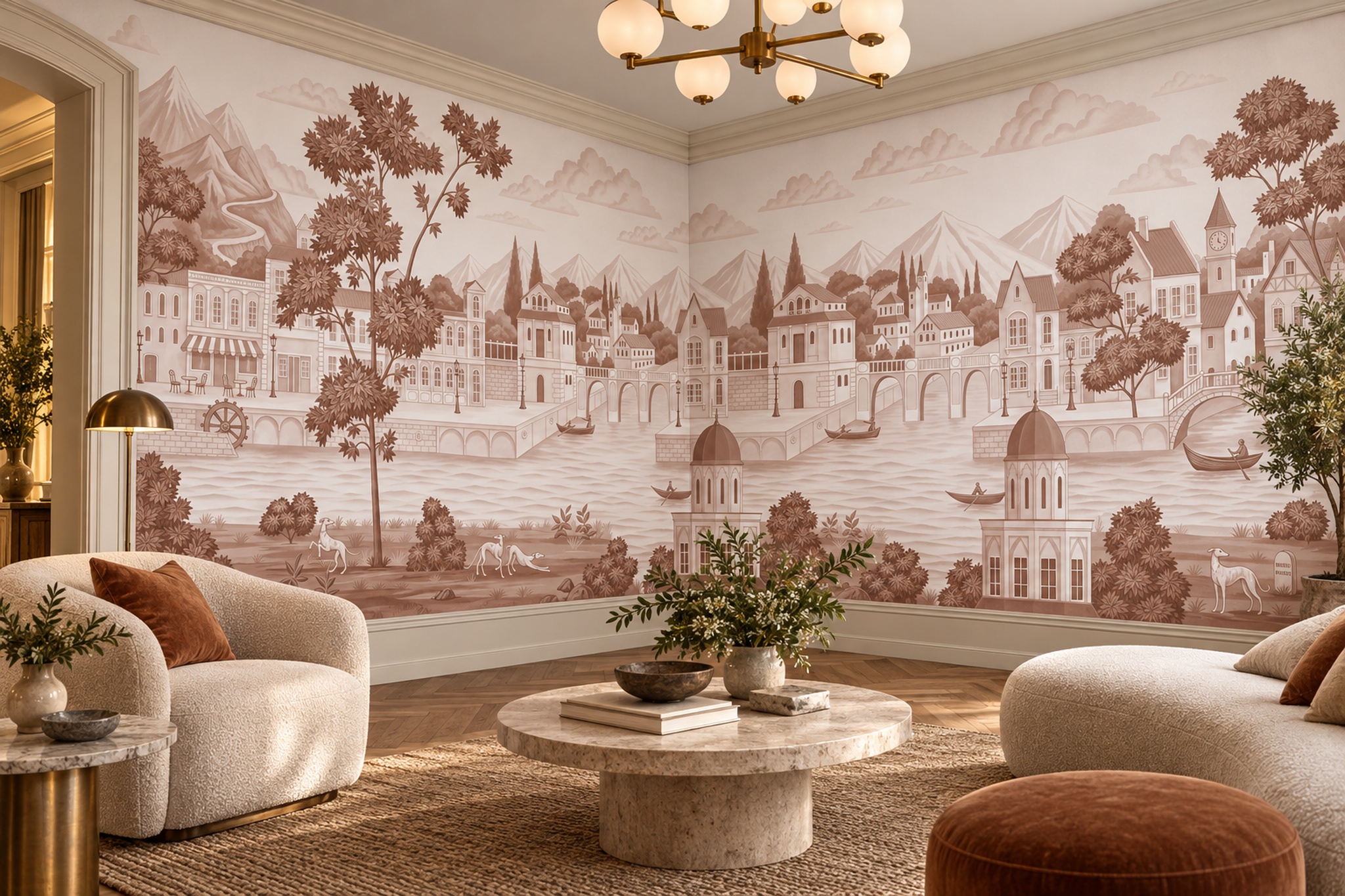 Sepia Riverside Town And Mountain Wallpaper Mural — Wallpaper Mural Design, Peel-and-stick Finish