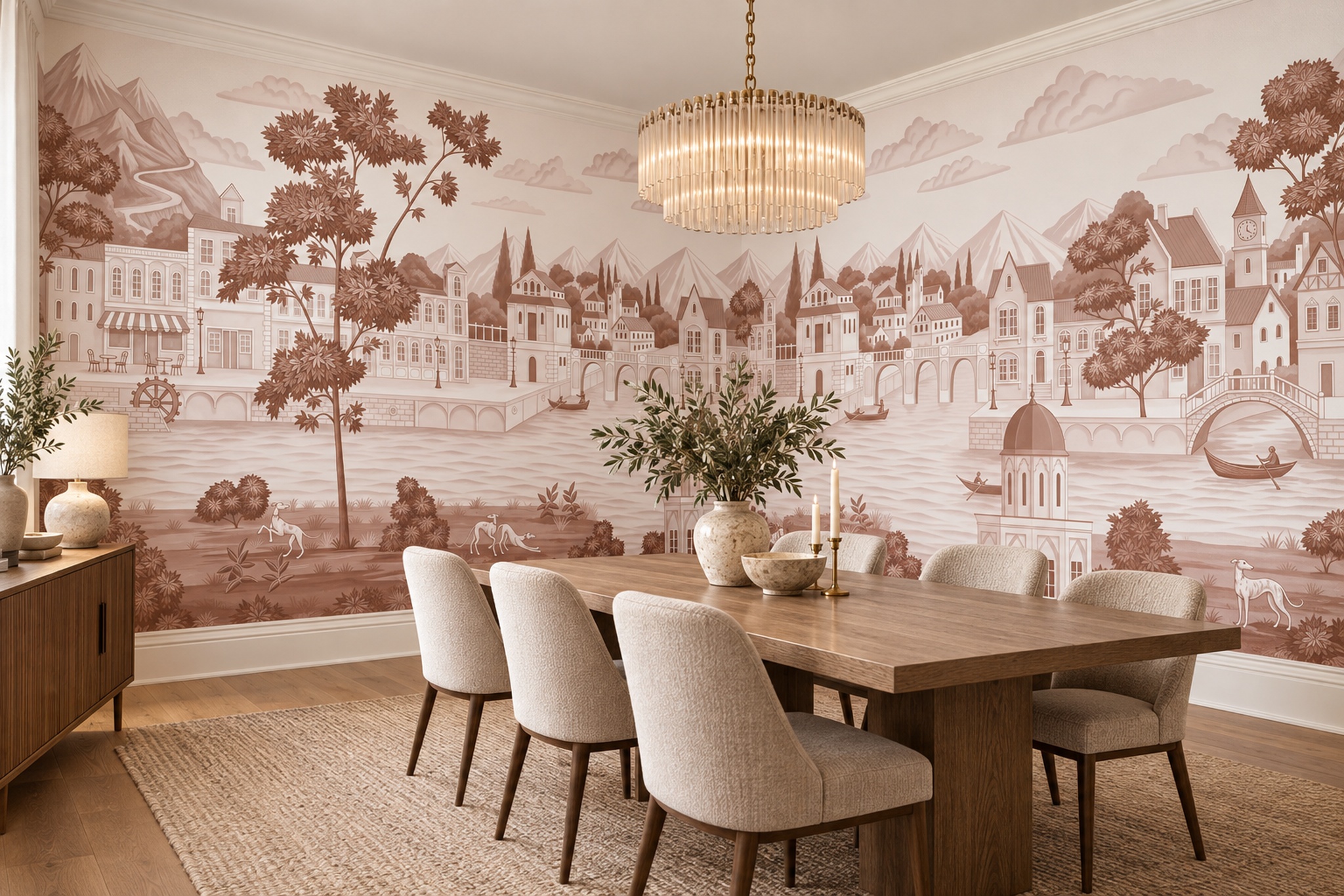 Brown Cityscape Wallpaper Mural, Shown In A Home Office, Peel-and-stick Finish