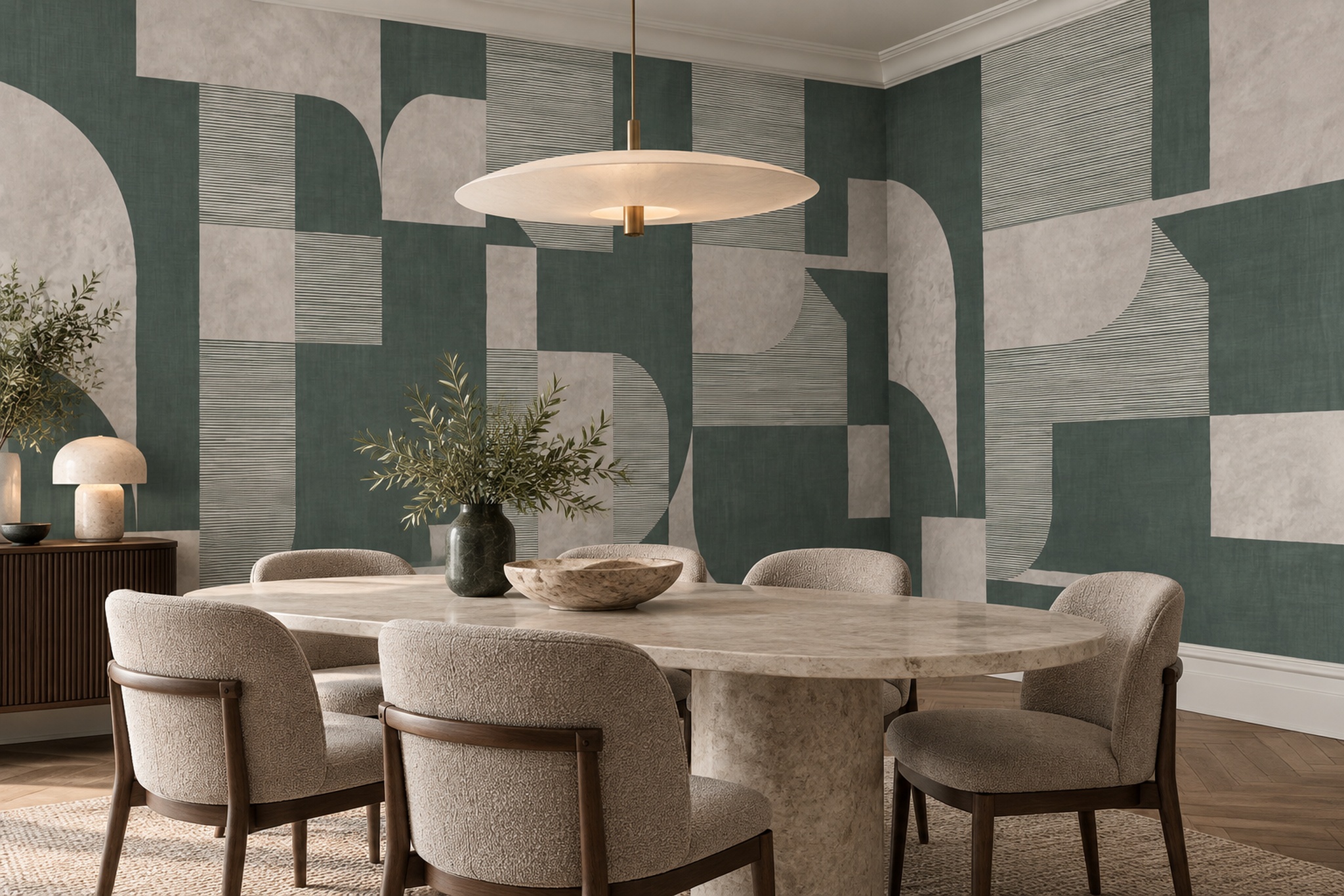 Sage Geometric Abstract Wallpaper Mural Home-office-wallpaper-murals, Shown In A Home Office, Peel-and-stick Finish
