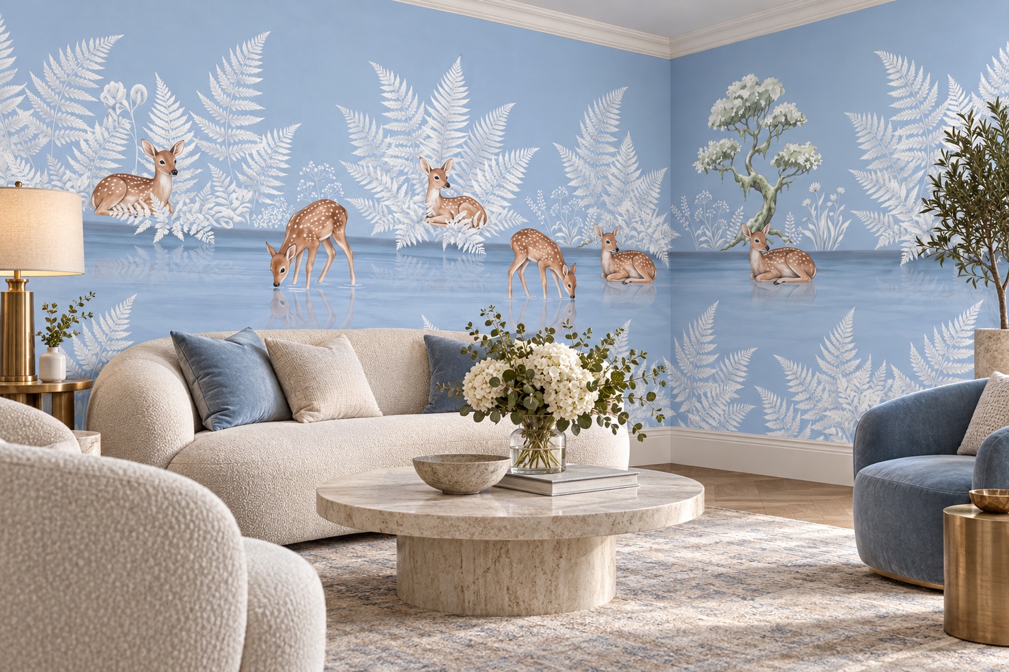 Blue Deer Illustrated Decorative Wallpaper Mural Living-room-wallpaper-murals, Shown In A Living Room, Peel-and-stick Finish