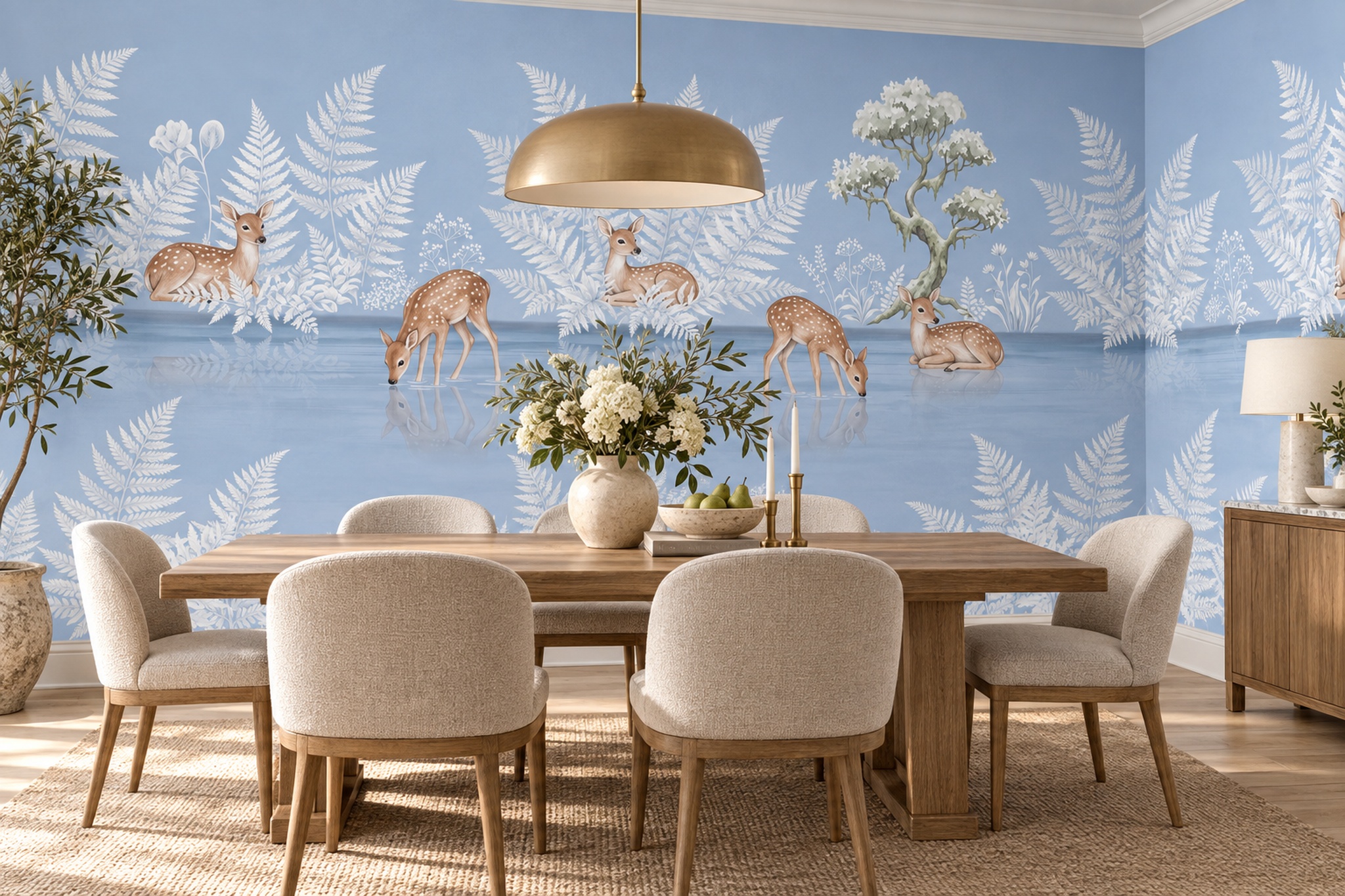 Blue Woodland Deer Beside Reflective Water Wallpaper Mural — Wallpaper Mural Design, Peel-and-stick Finish
