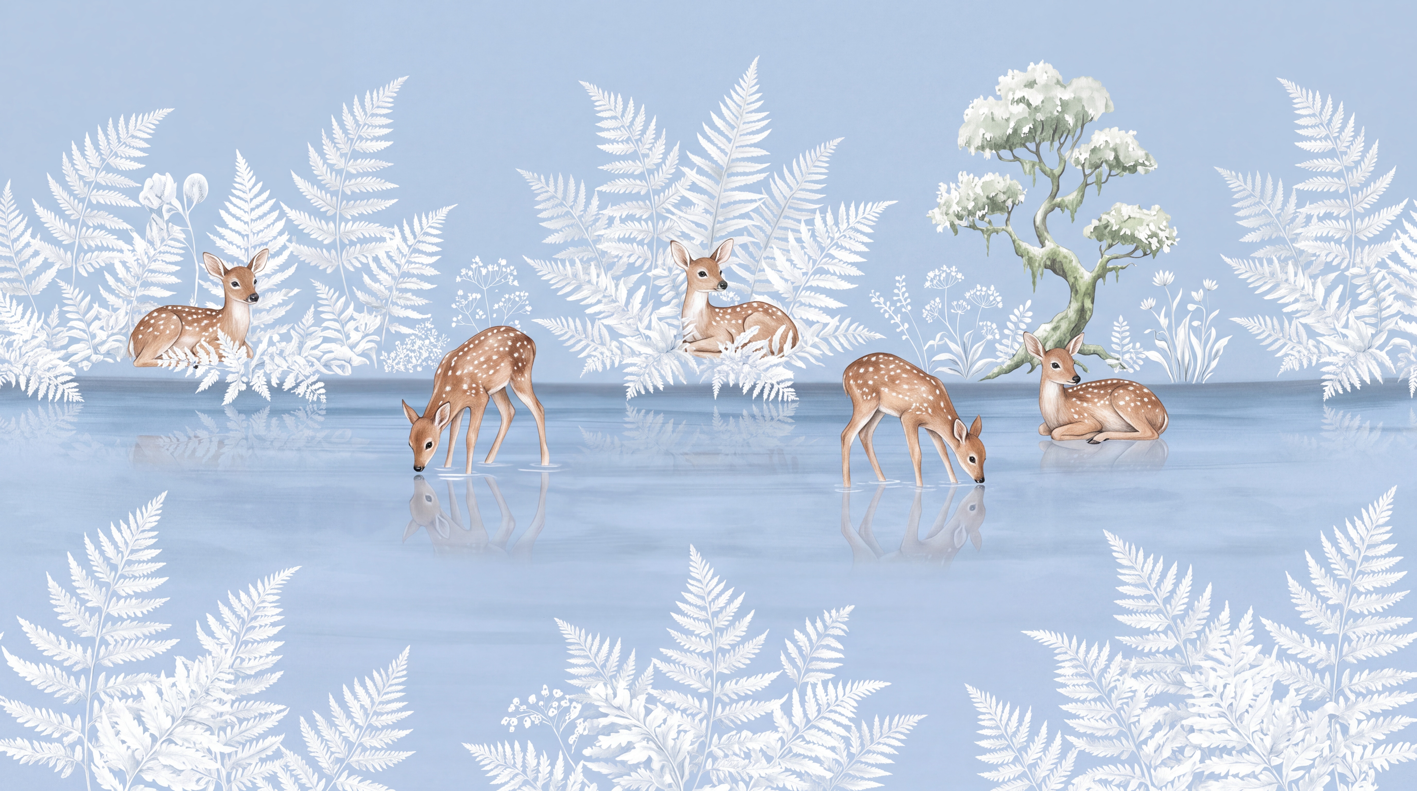 Blue Deer Illustrated Decorative Wallpaper Mural, Peel-and-stick Finish