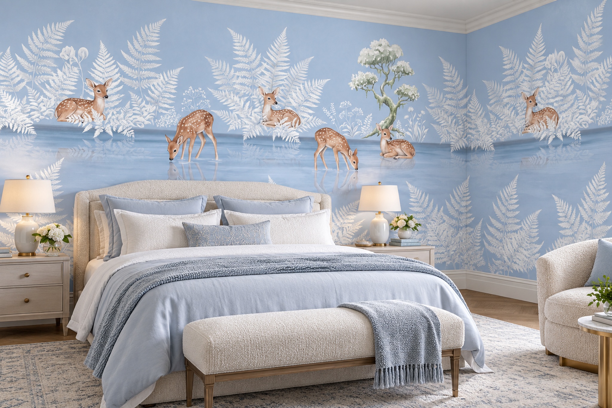 Blue Deer Illustrated Decorative Wallpaper Mural Bedroom-wallpaper-murals, Peel-and-stick Finish