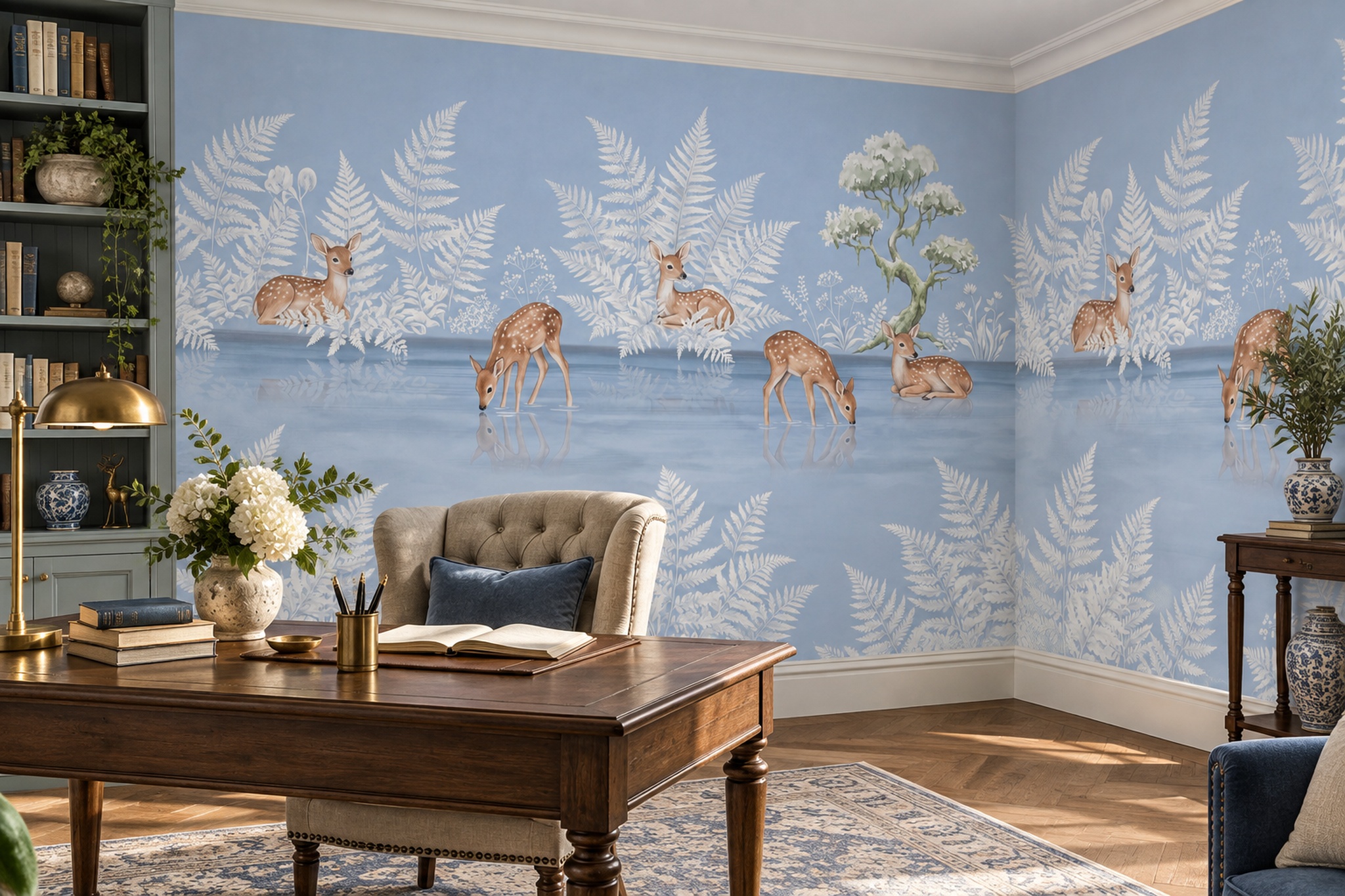 Blue Deer Illustrated Decorative Wallpaper Mural Dining-room-wallpaper-murals, Shown In A Dining Room, Peel-and-stick Finish