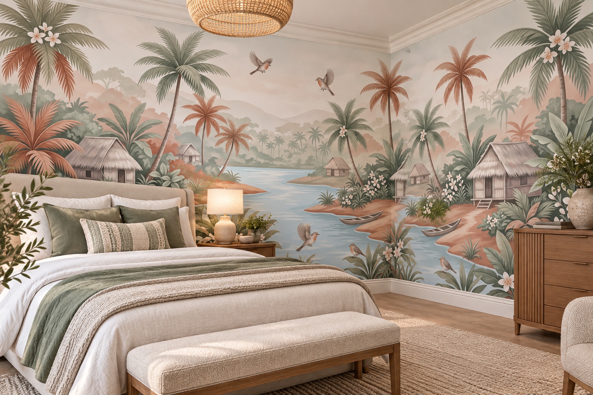 Pastel Palm Artful Wallpaper Mural Bedroom-wallpaper-murals, Peel-and-stick Finish
