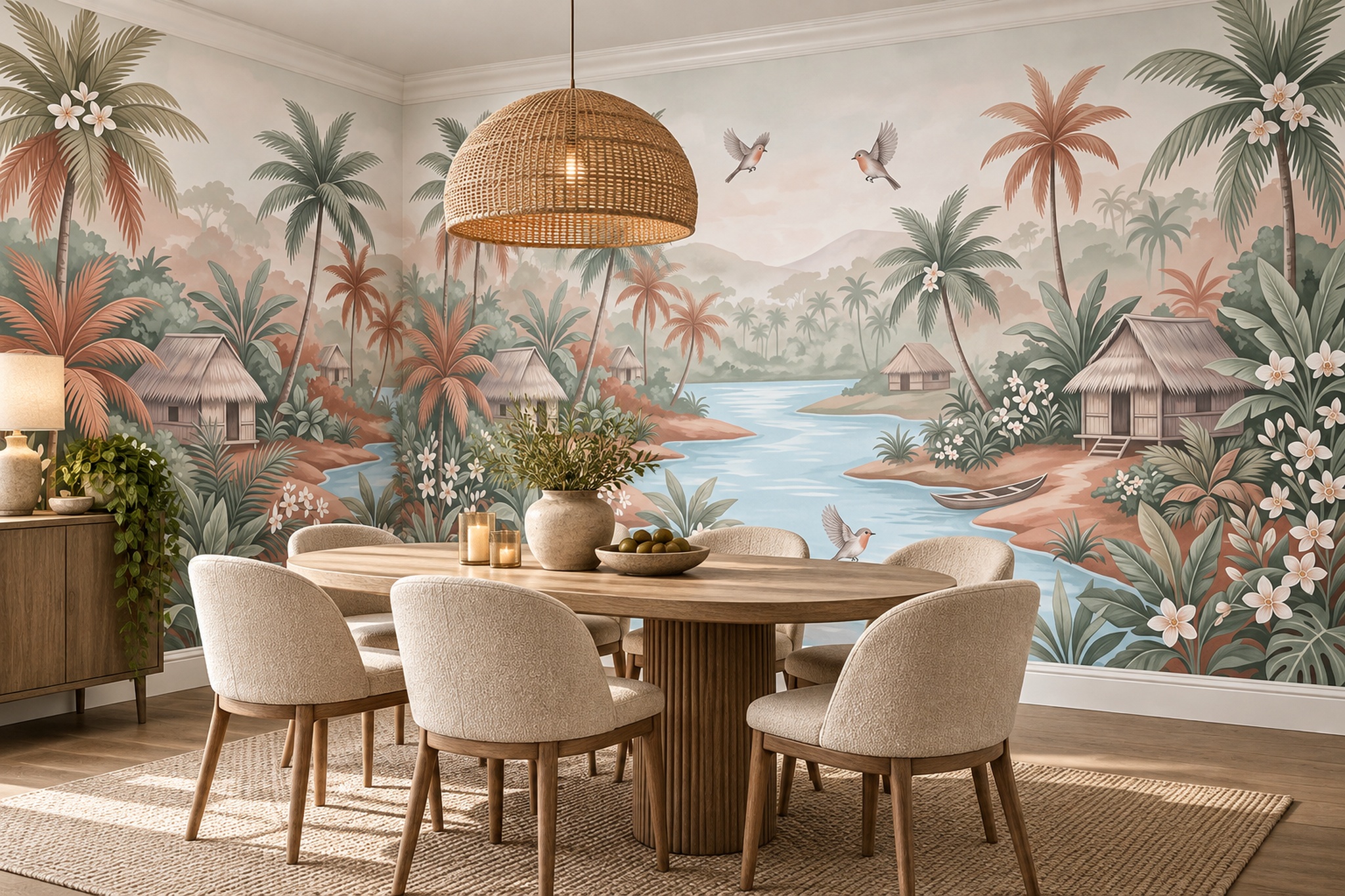 Pastel Palm Lagoon With Birds And Island Huts Wallpaper Mural — Wallpaper Mural Design, Peel-and-stick Finish