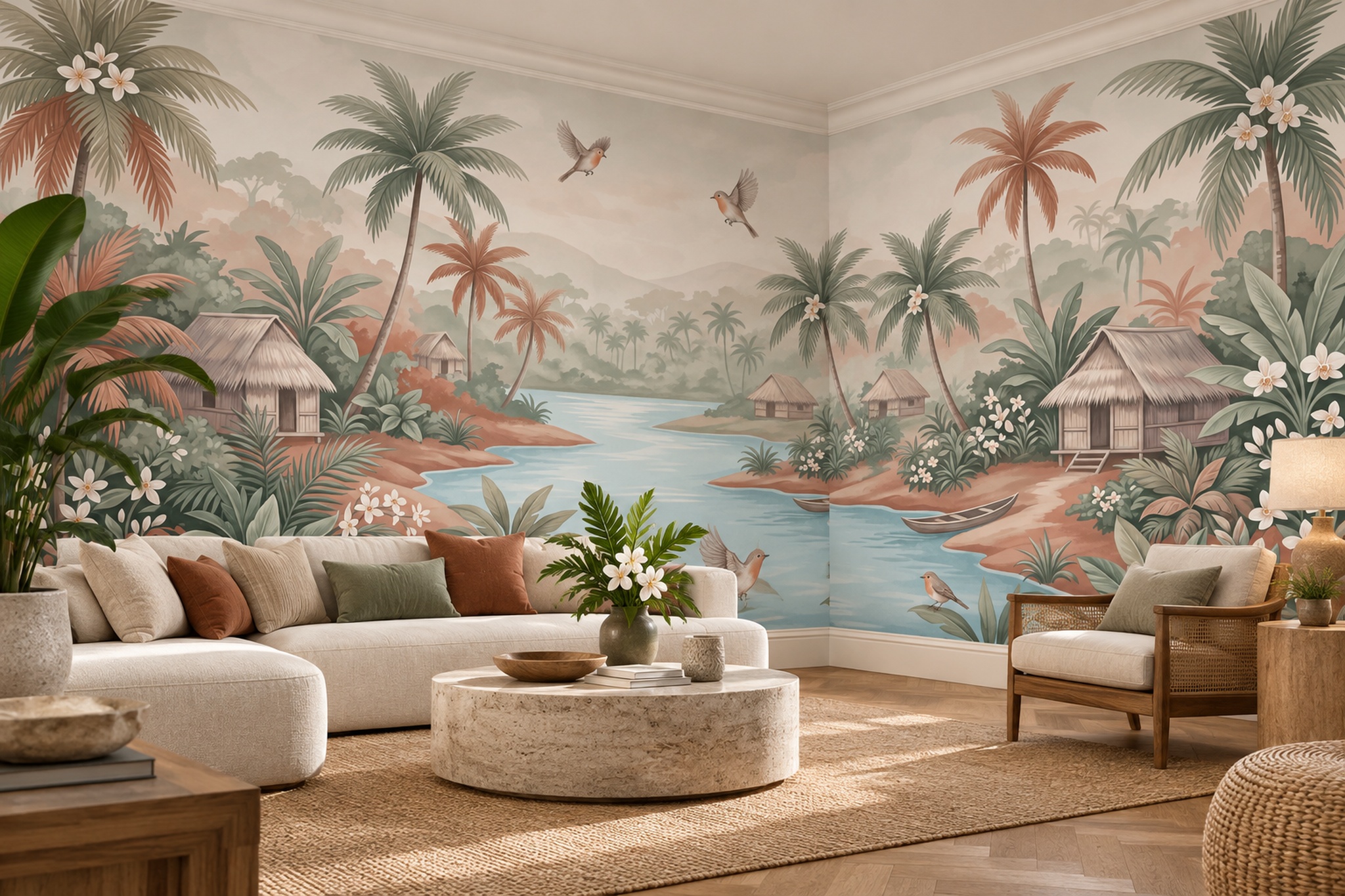 Pastel Palm Artful Wallpaper Mural Accent-wall-wallpaper-murals, Peel-and-stick Finish