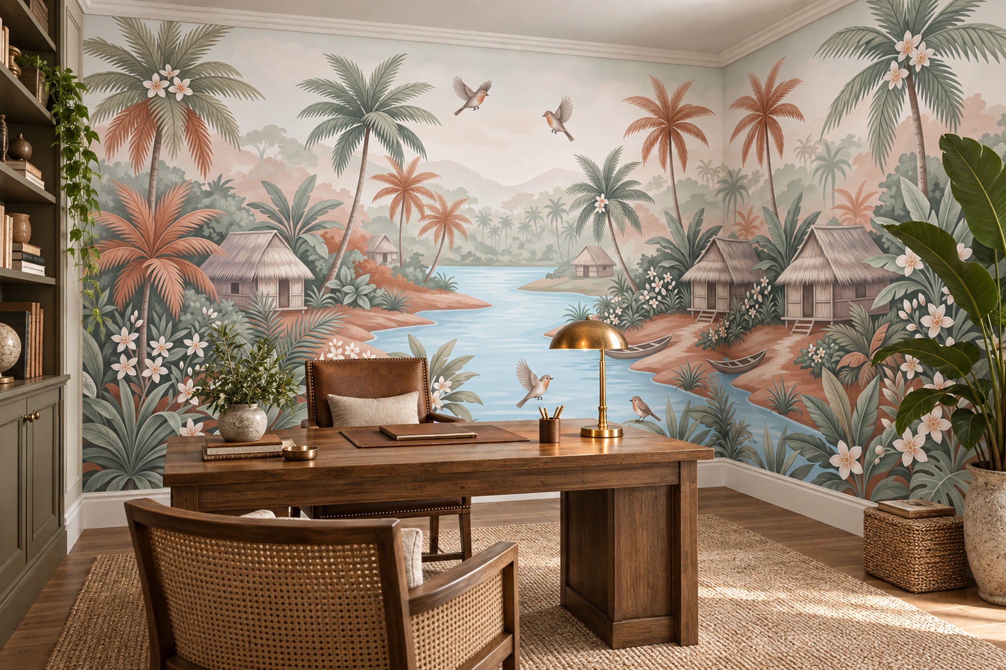 Pastel Palm Artful Wallpaper Mural Dining-room-wallpaper-murals, Shown In A Dining Room, Peel-and-stick Finish