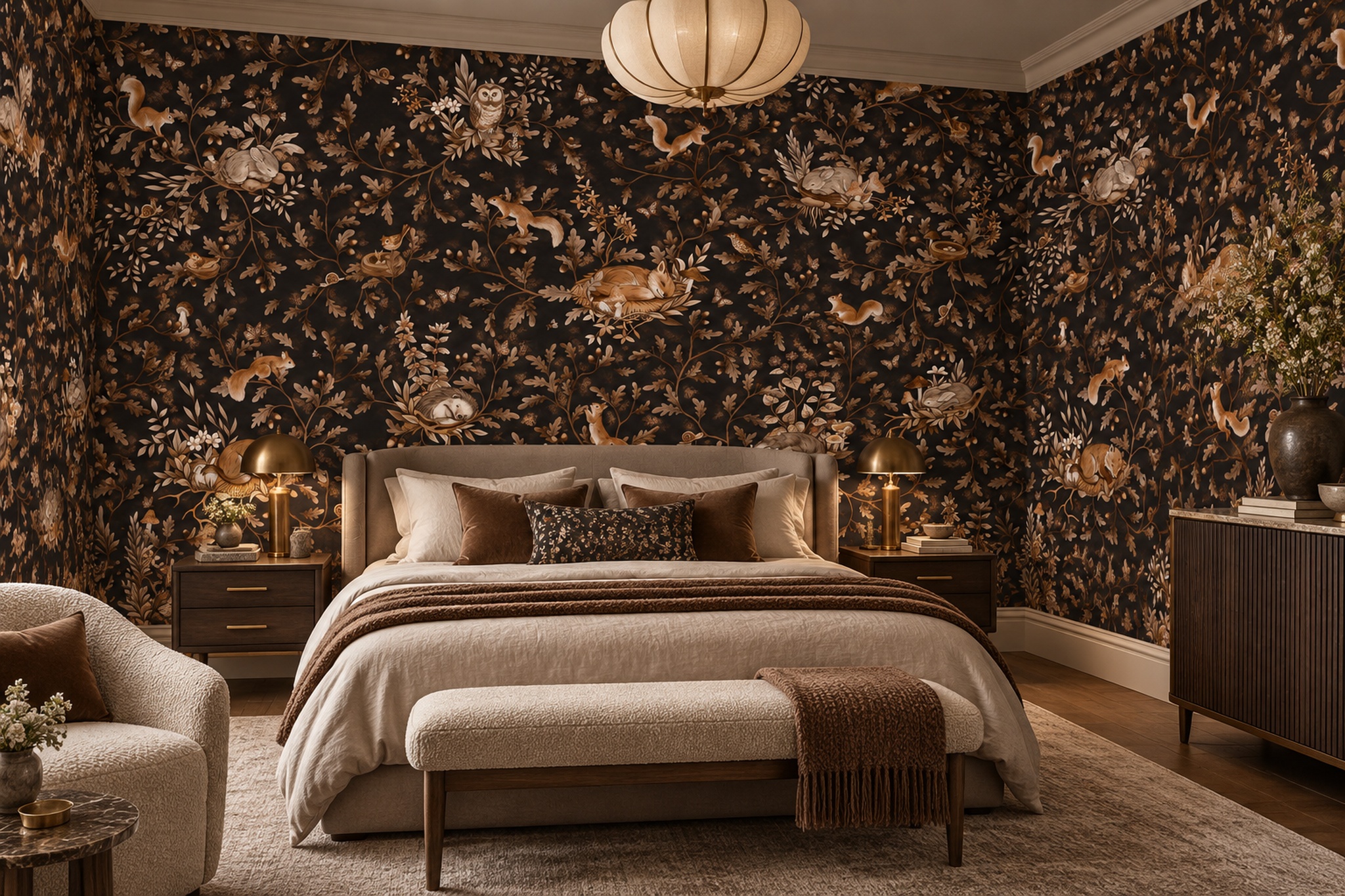 Dark Woodland Animals And Oak Leaves Wallpaper Mural — Installed Wallpaper Mural In A Bedroom, Peel-and-stick Finish