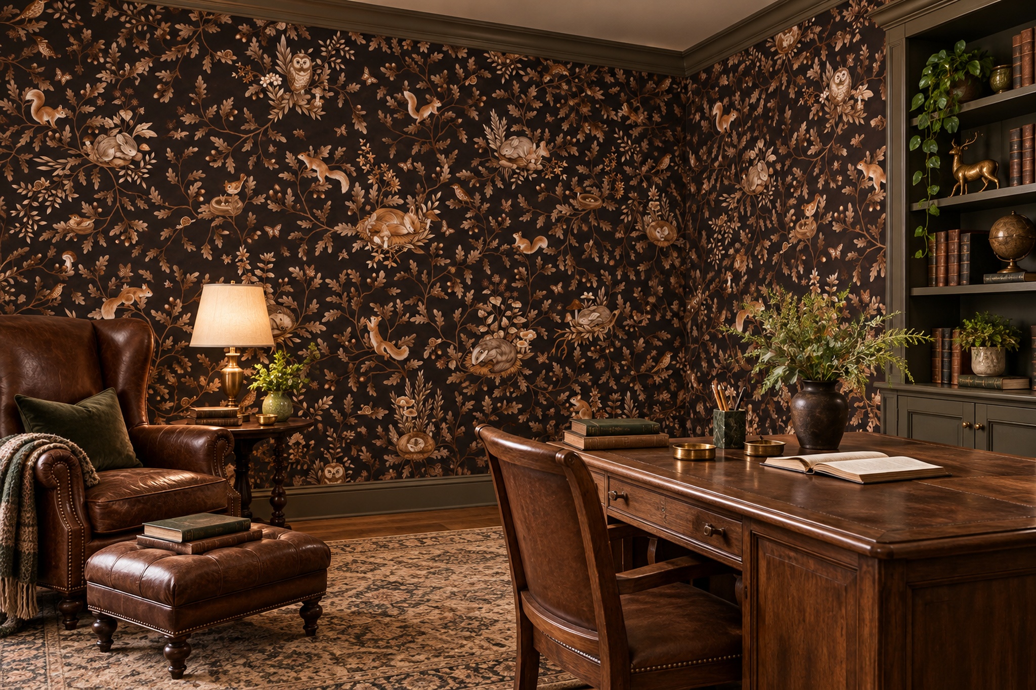 Brown Woodland Scenic Wallpaper Mural Dining-room-wallpaper-murals, Shown In A Dining Room, Peel-and-stick Finish