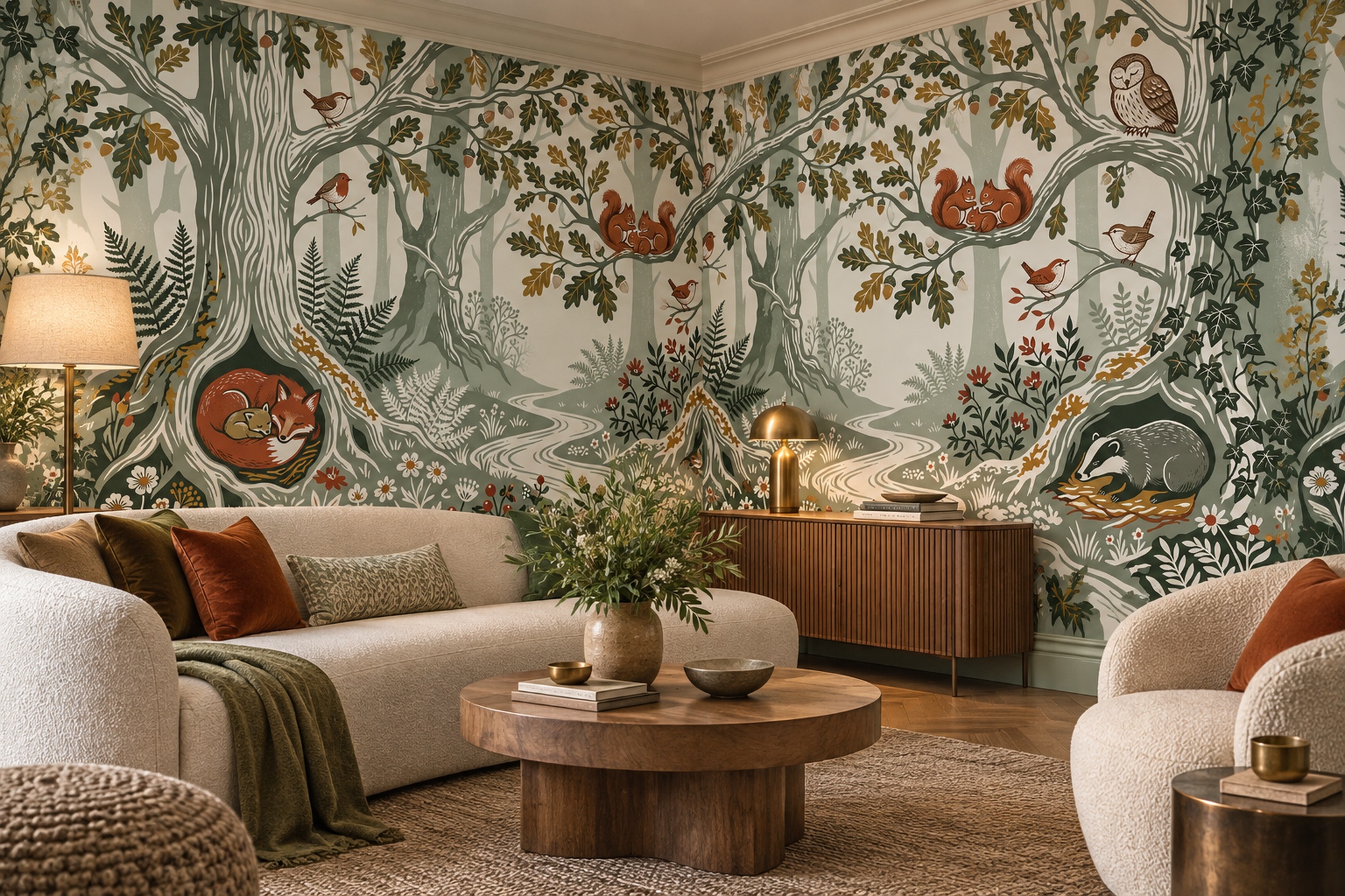 Sage Storybook Forest Animals And Winding Stream Wallpaper Mural — Wallpaper Mural Design, Peel-and-stick Finish