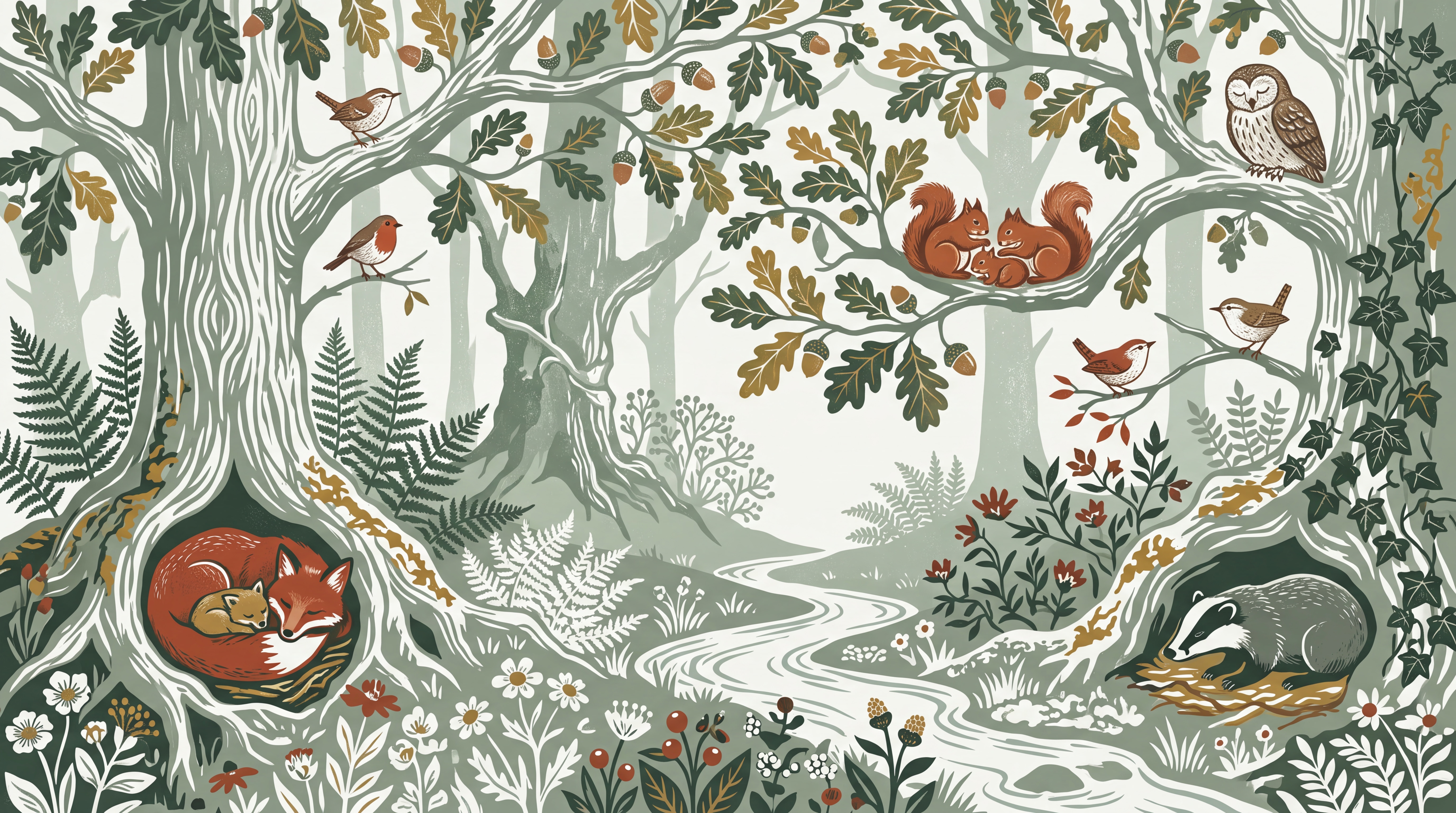Sage Woodland Scenic Illustrated Wallpaper Mural, Peel-and-stick Finish