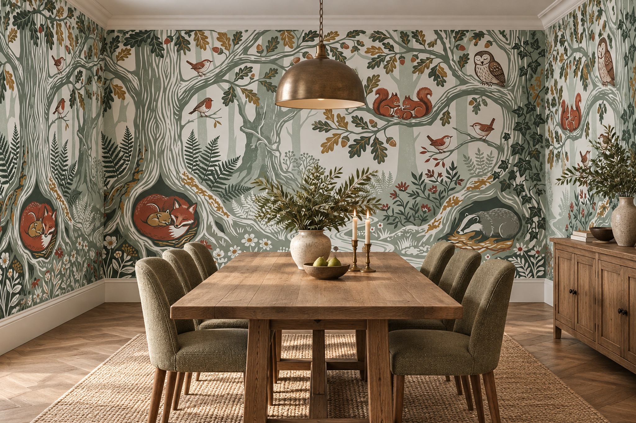 Sage Woodland Scenic Illustrated Wallpaper Mural Dining-room-wallpaper-murals, Shown In A Dining Room, Peel-and-stick Finish