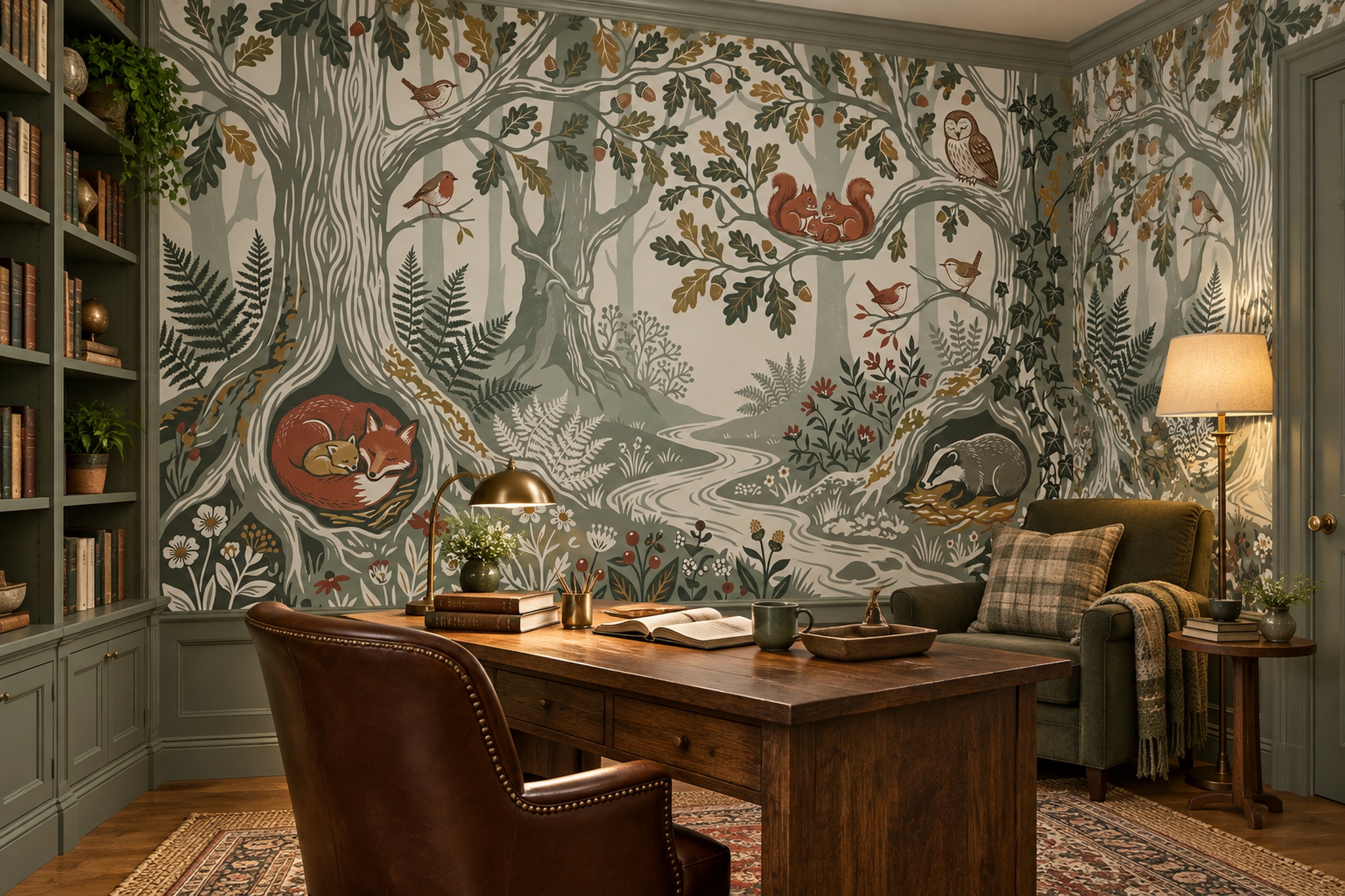 Sage Woodland Scenic Illustrated Wallpaper Mural Home-office-wallpaper-murals, Shown In A Home Office, Peel-and-stick Finish