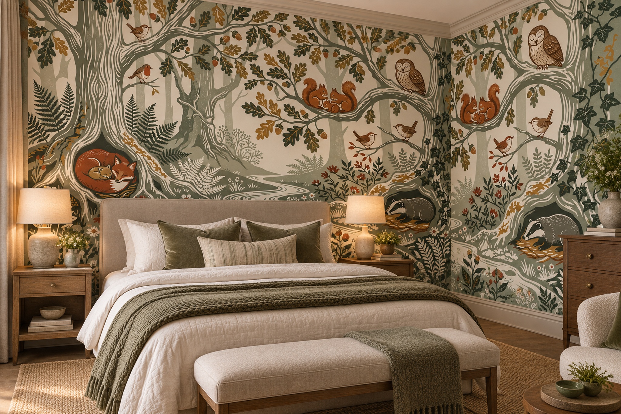 Sage Woodland Scenic Illustrated Wallpaper Mural Bedroom-wallpaper-murals, Peel-and-stick Finish