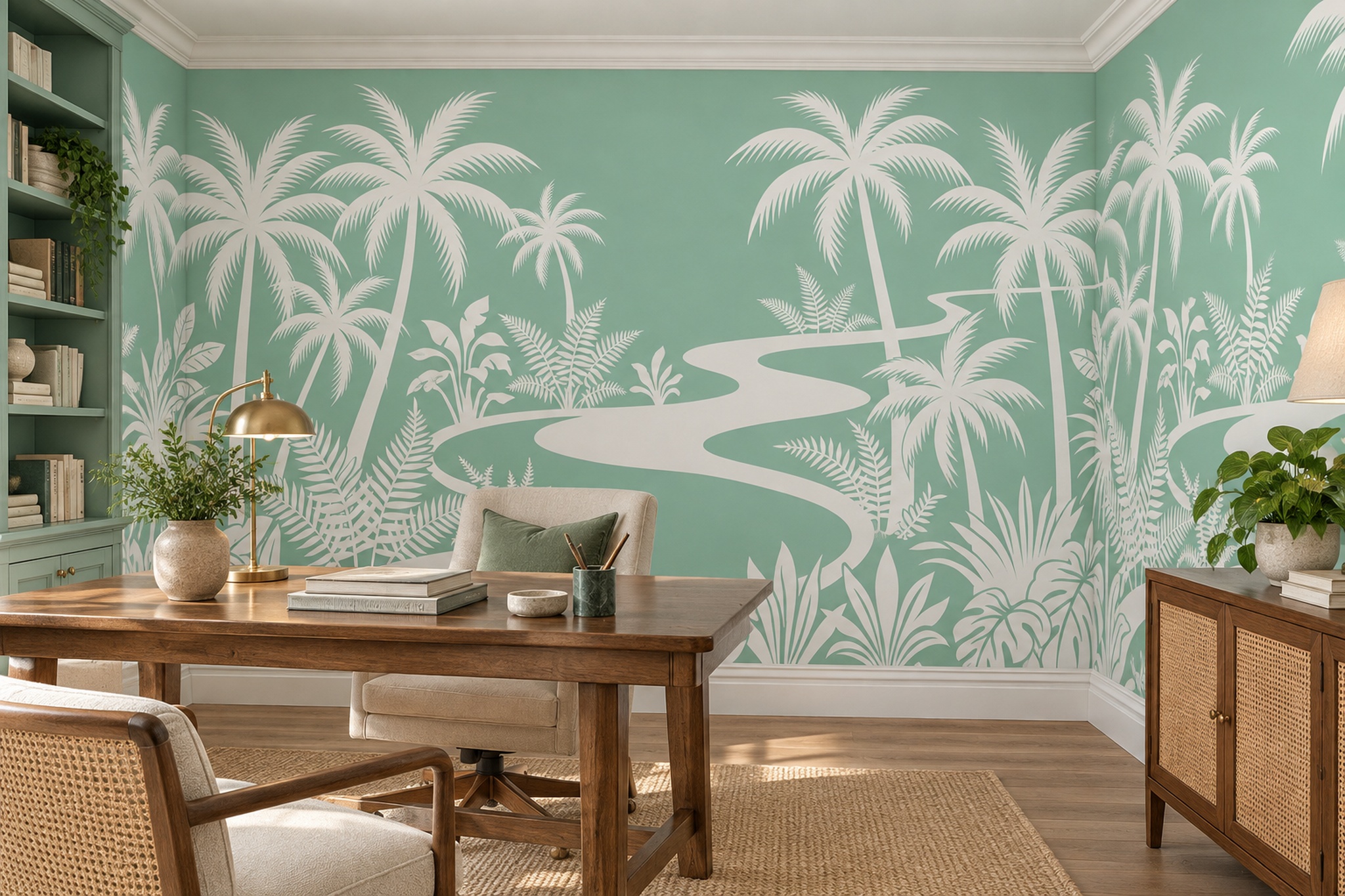 Mint Palm Artful Tropical Wallpaper Mural Home-office-wallpaper-murals, Shown In A Home Office, Peel-and-stick Finish