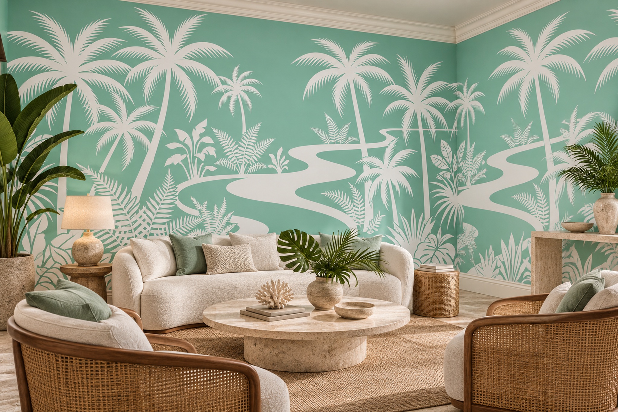 Mint Green Palm Silhouette River Wallpaper Mural — Wallpaper Mural Design, Peel-and-stick Finish