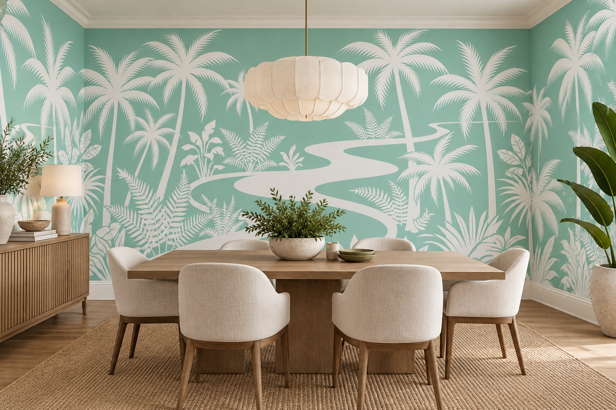 Mint Palm Artful Tropical Wallpaper Mural Dining-room-wallpaper-murals, Shown In A Dining Room, Peel-and-stick Finish