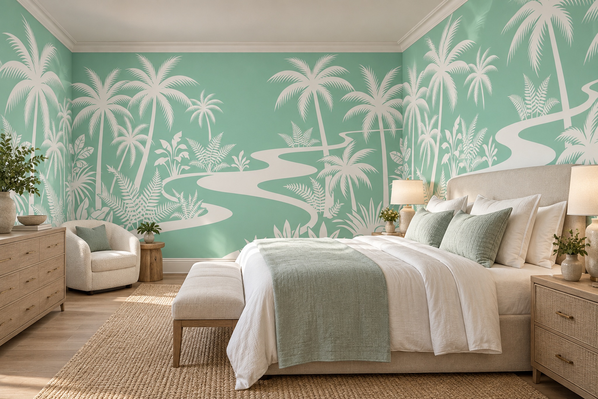 Mint Palm Artful Tropical Wallpaper Mural Living-room-wallpaper-murals, Peel-and-stick Finish
