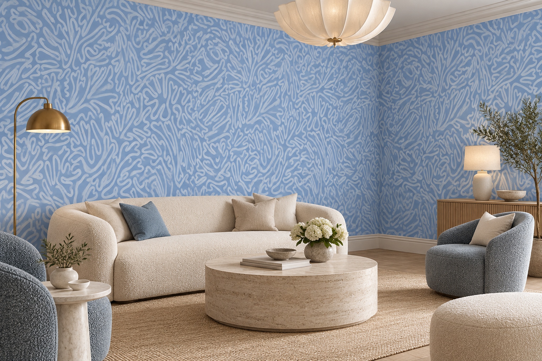 Blue Organic Meandering Line Wallpaper Mural — Wallpaper Mural Design, Peel-and-stick Finish