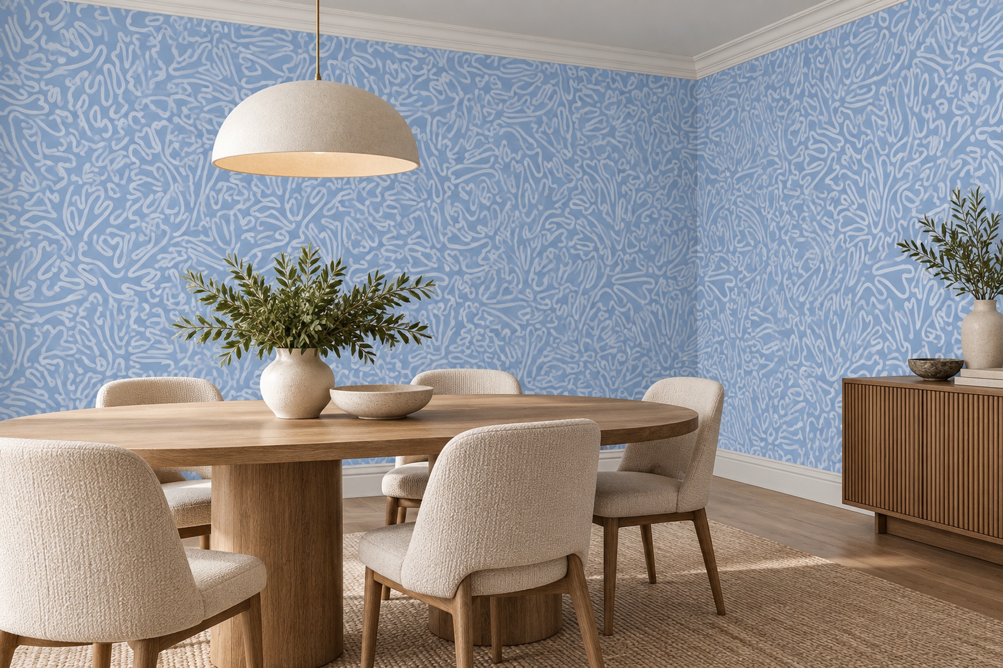 Blue Pattern Decorative Wallpaper Painterly Graphic Wallpaper Mural Dining-room-wallpaper-murals, Shown In A Dining Room, Peel-and-stick Finish