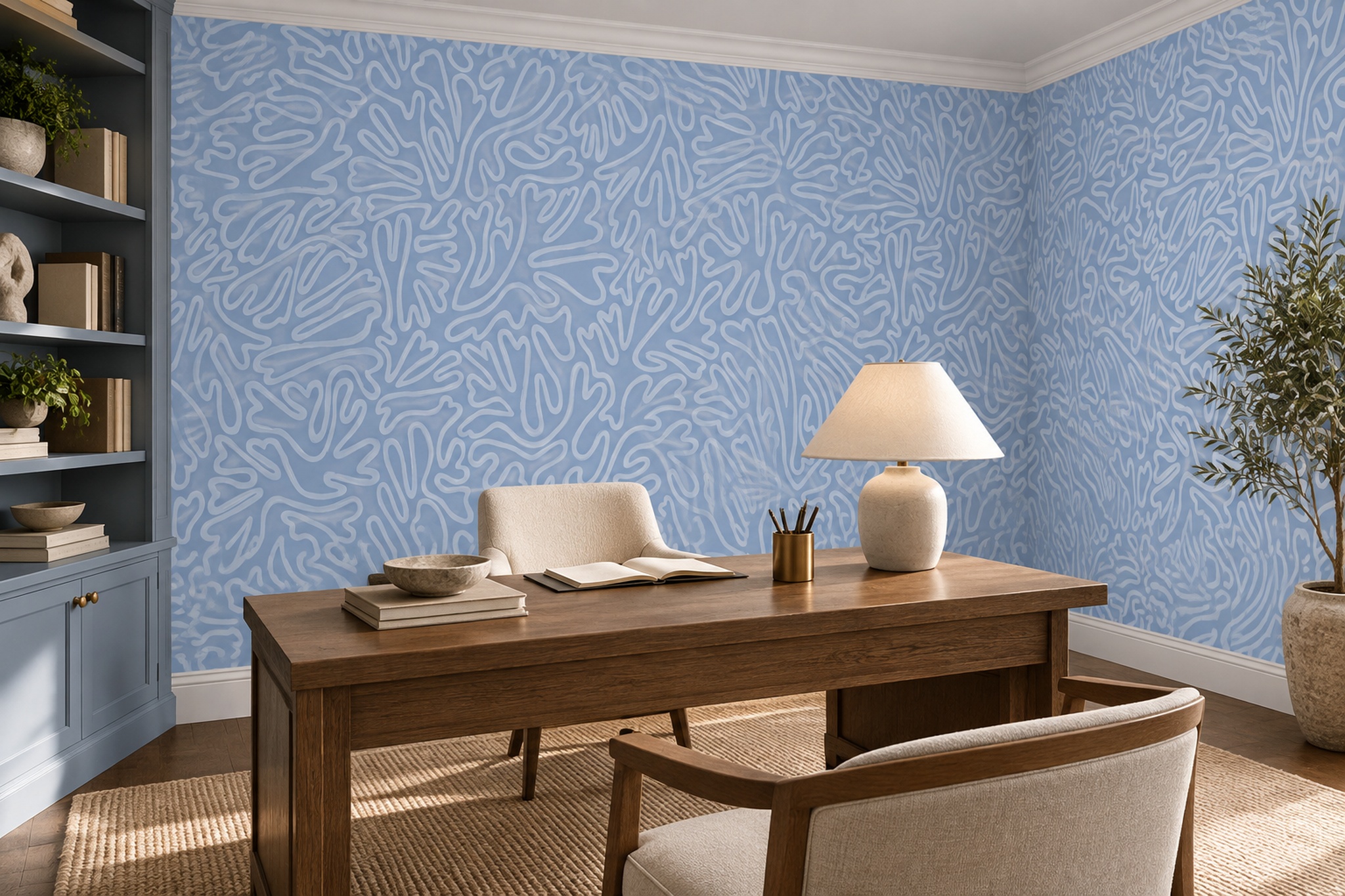 Blue Pattern Decorative Wallpaper Painterly Graphic Wallpaper Mural Home-office-wallpaper-murals, Shown In A Home Office, Peel-and-stick Finish