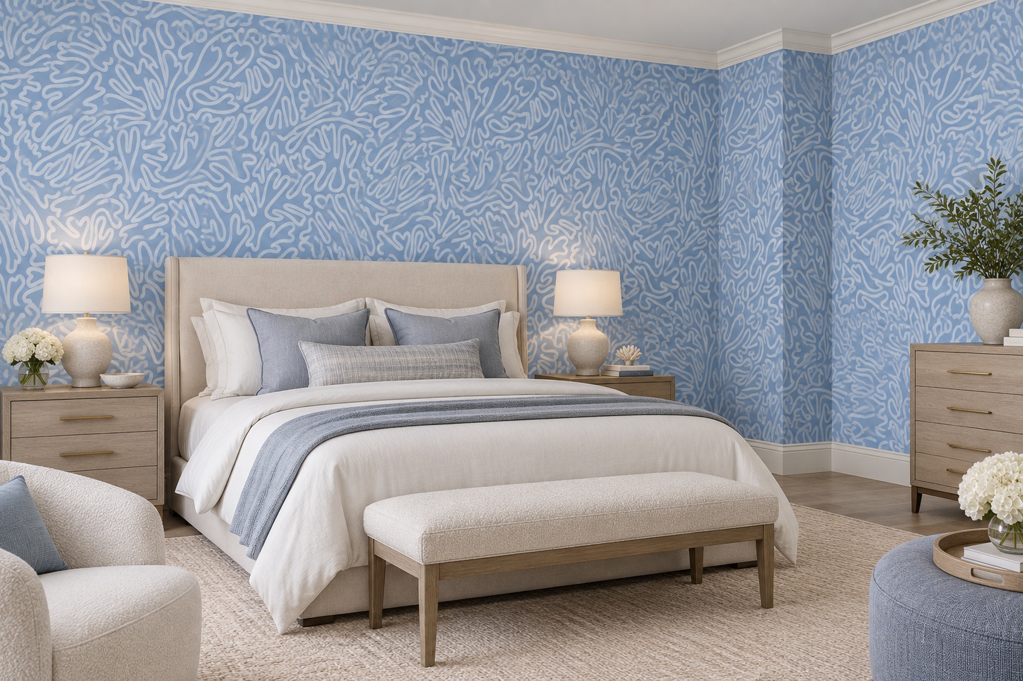 Blue Pattern Decorative Wallpaper Painterly Graphic Wallpaper Mural Living-room-wallpaper-murals, Peel-and-stick Finish