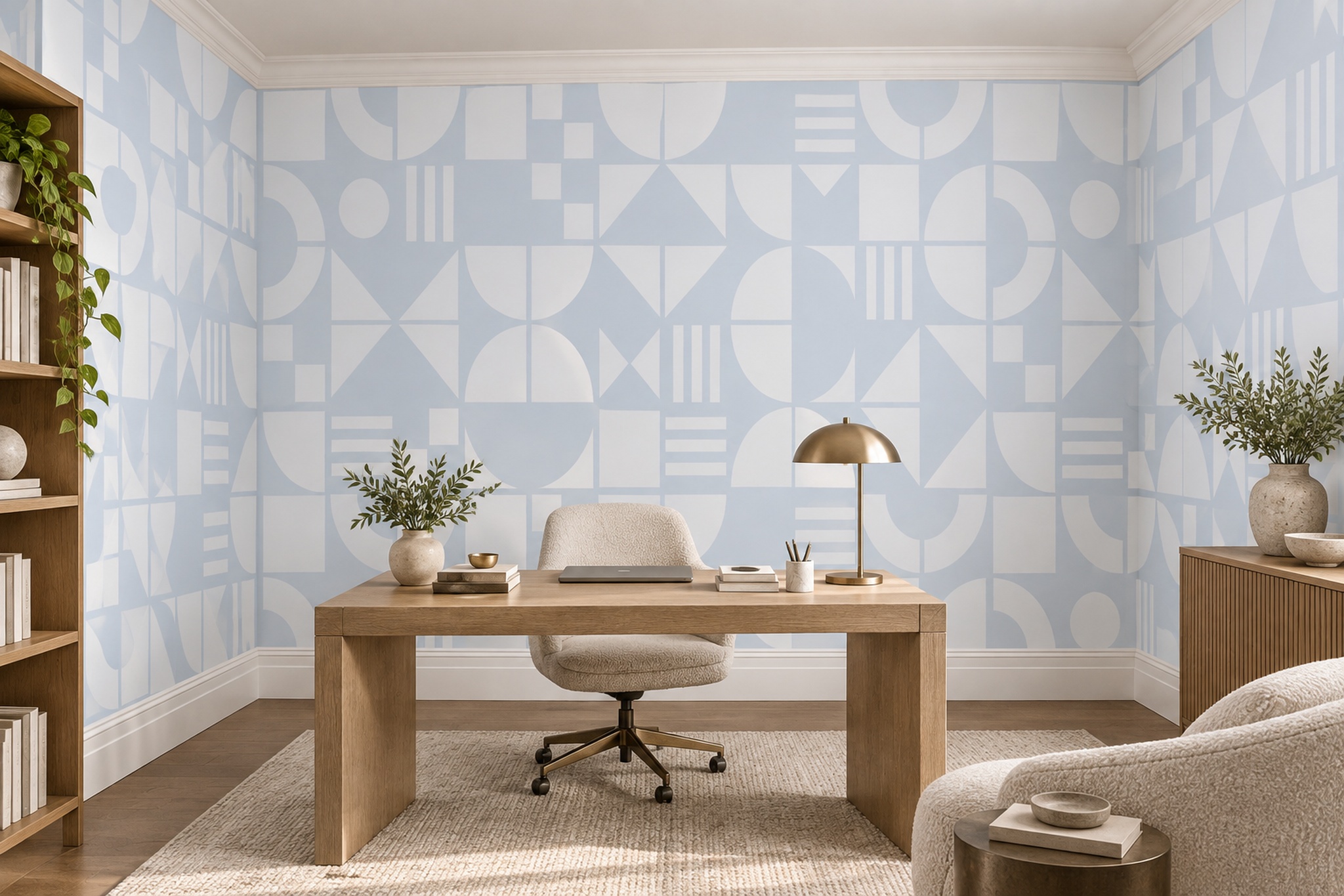 Blue Geometric Abstract Painterly Wallpaper Mural Home-office-wallpaper-murals, Shown In A Home Office, Peel-and-stick Finish