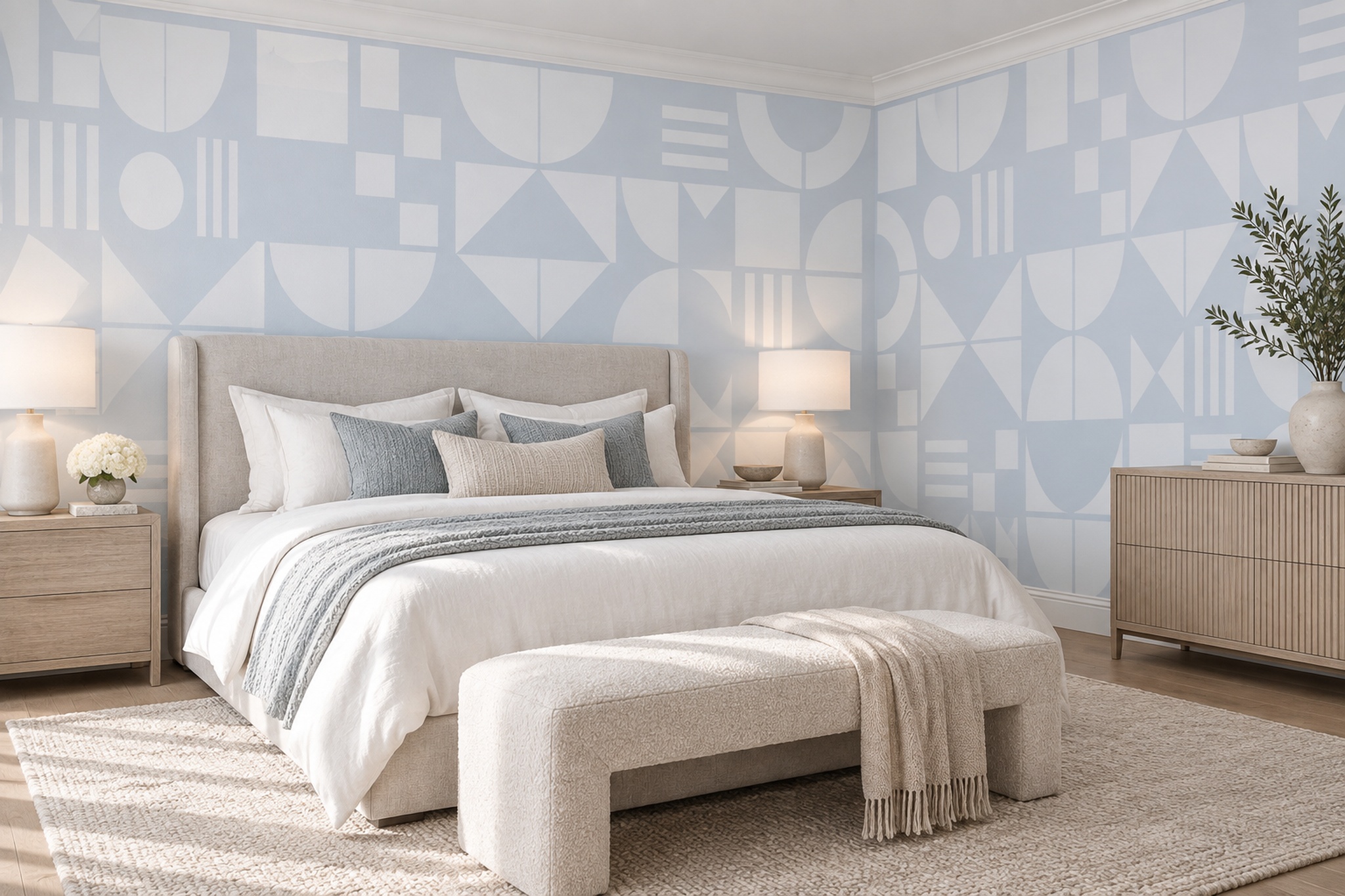 Pale Blue Geometric Shapes Wallpaper Mural — Installed Wallpaper Mural In A Bedroom, Peel-and-stick Finish