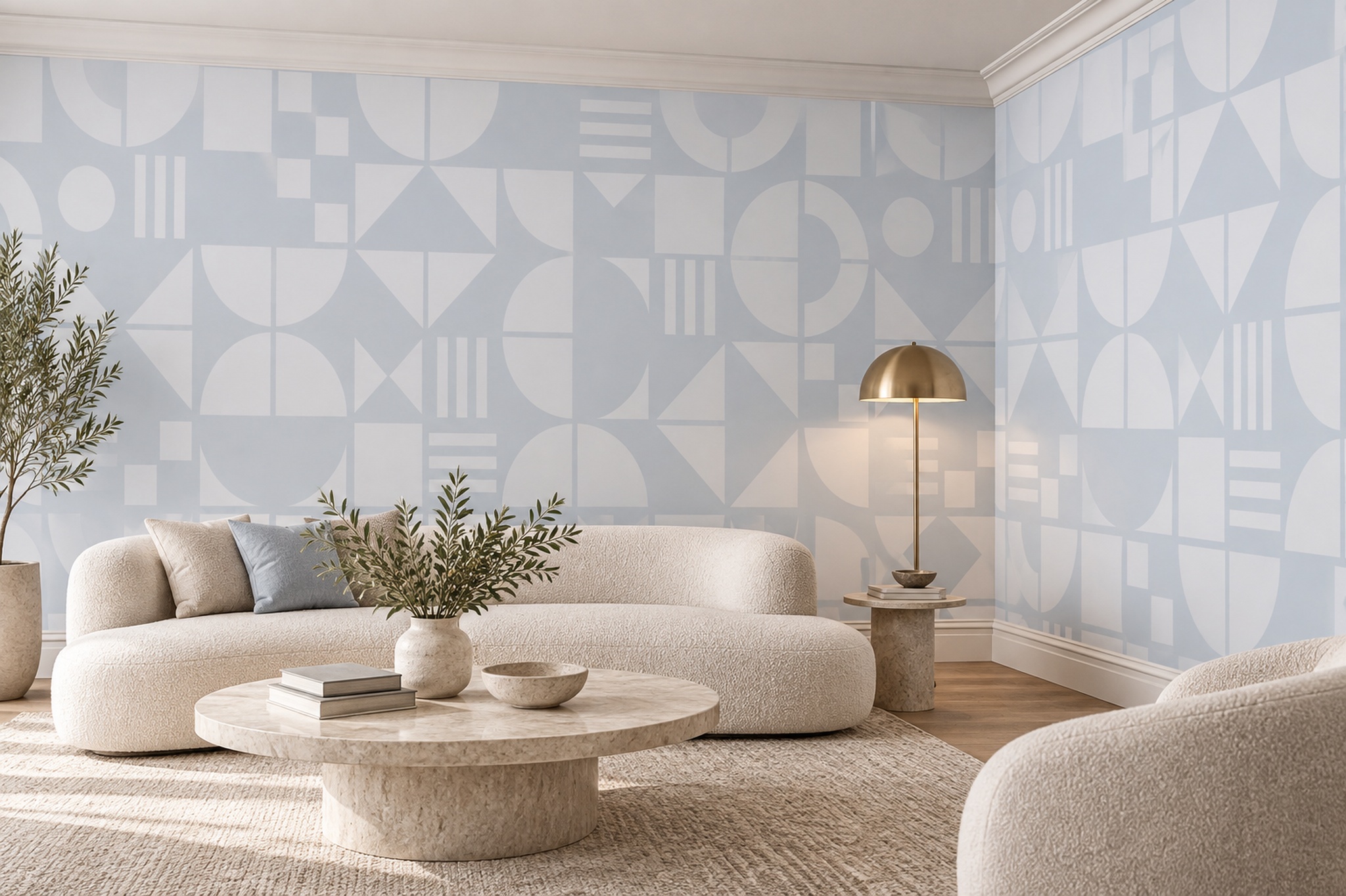 Blue Geometric Abstract Painterly Wallpaper Mural Feature-wall-wallpaper-murals, Peel-and-stick Finish