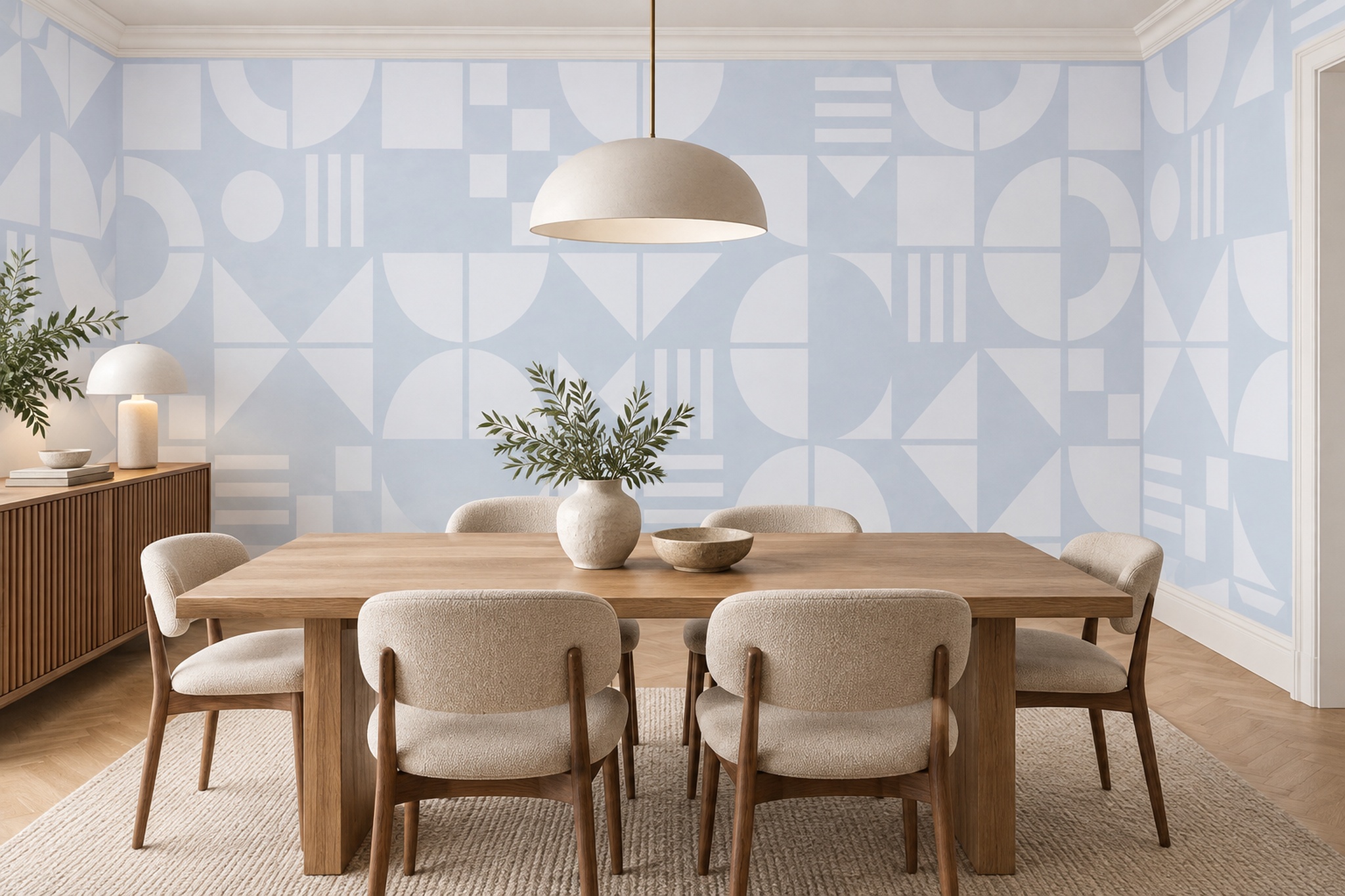 Blue Geometric Abstract Painterly Wallpaper Mural Dining-room-wallpaper-murals, Shown In A Dining Room, Peel-and-stick Finish