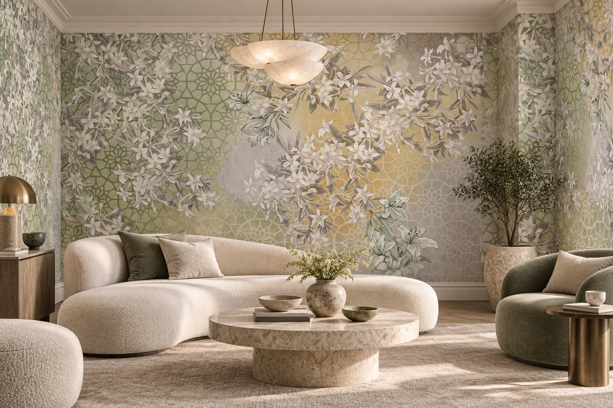 Sage Botanical Floral Wallpaper Mural — Wallpaper Mural Design, Peel-and-stick Finish
