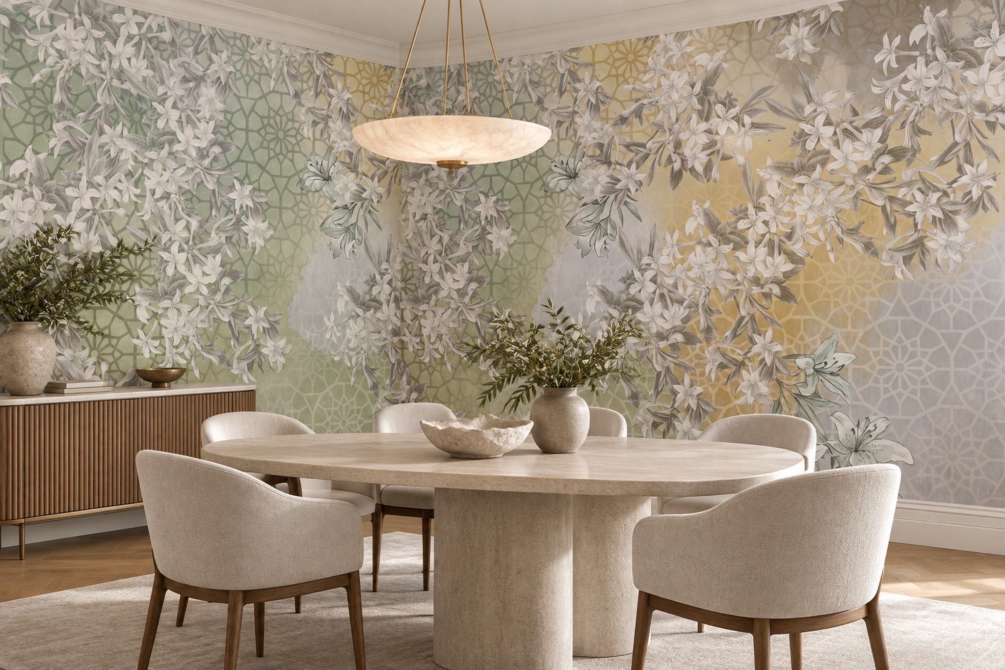 Sage Floral Botanical Layered Wallpaper Mural Dining-room-wallpaper-murals, Shown In A Dining Room, Peel-and-stick Finish