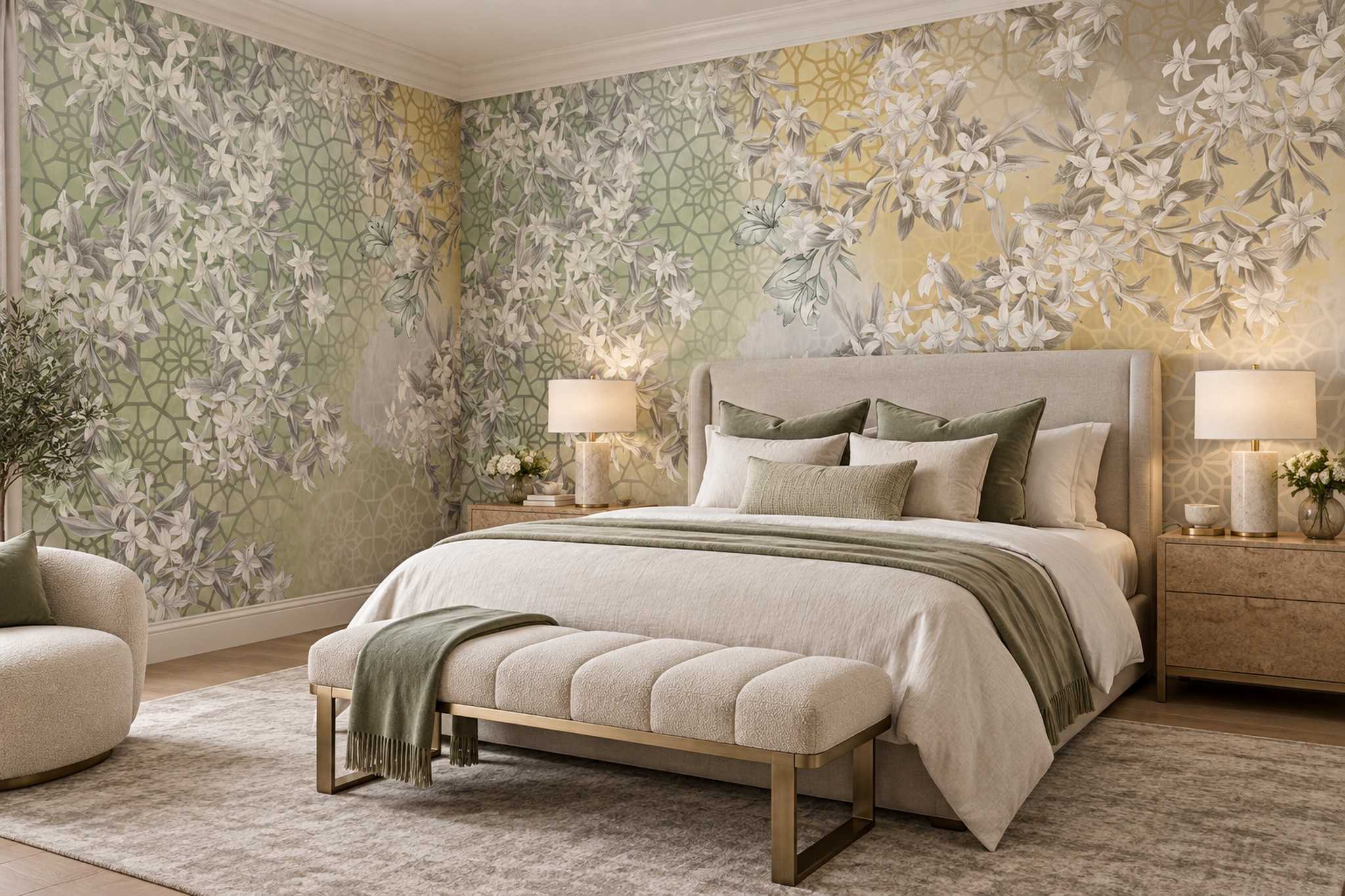 Sage Floral Botanical Layered Wallpaper Mural Accent-wall-wallpaper-murals, Peel-and-stick Finish