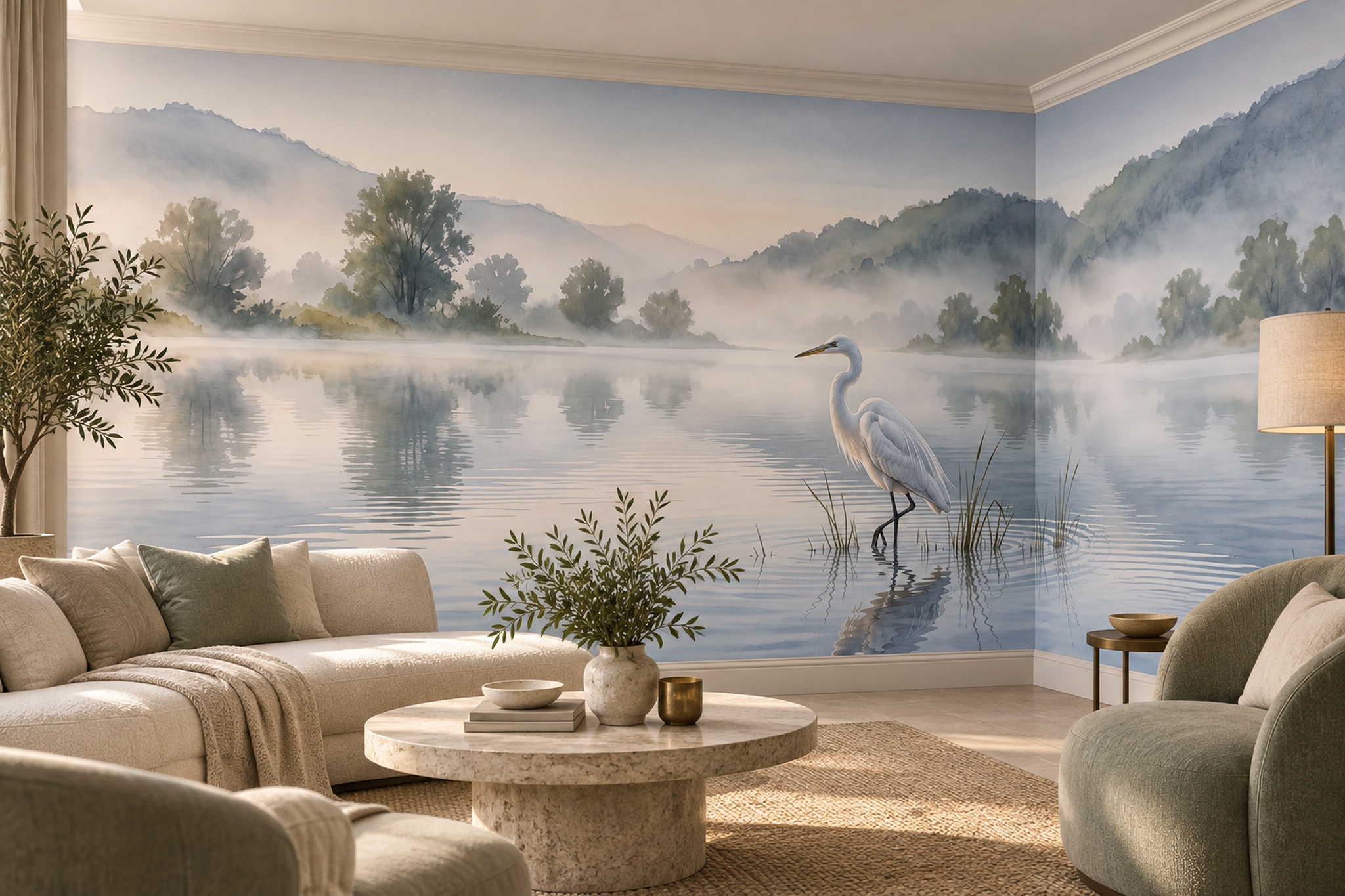 Blue Heron Illustrated Painterly Wallpaper Mural Living-room-wallpaper-murals, Shown In A Living Room, Peel-and-stick Finish